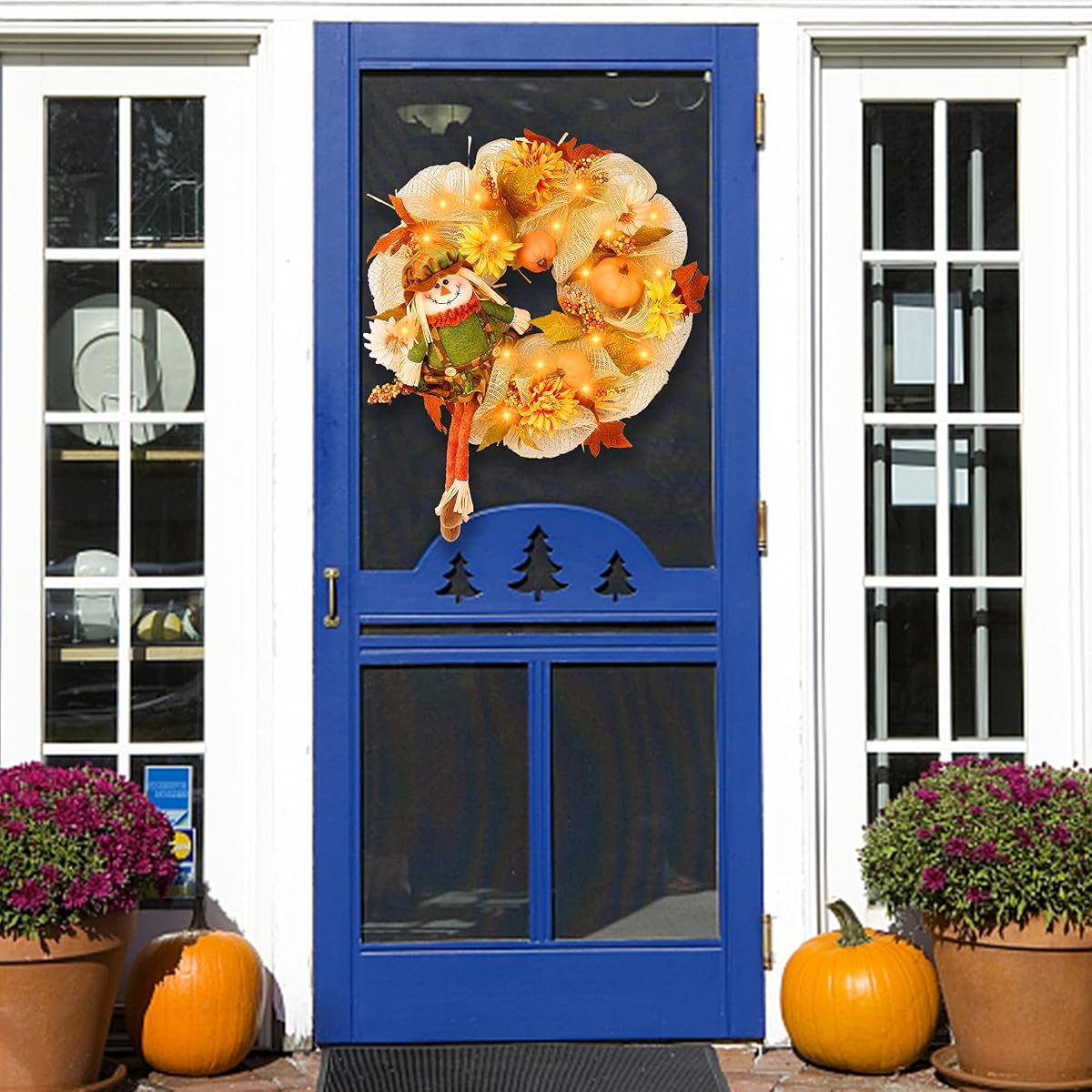 winemana 18 Inch Thanksgiving Wreath with Scarecrow Pumpkin Artificial Flowers Maple Leaves Berry, Front Door LED Lights Ribbon Wreath Fall Autumn Decorations for Indoor Outdoor - 细节图 6