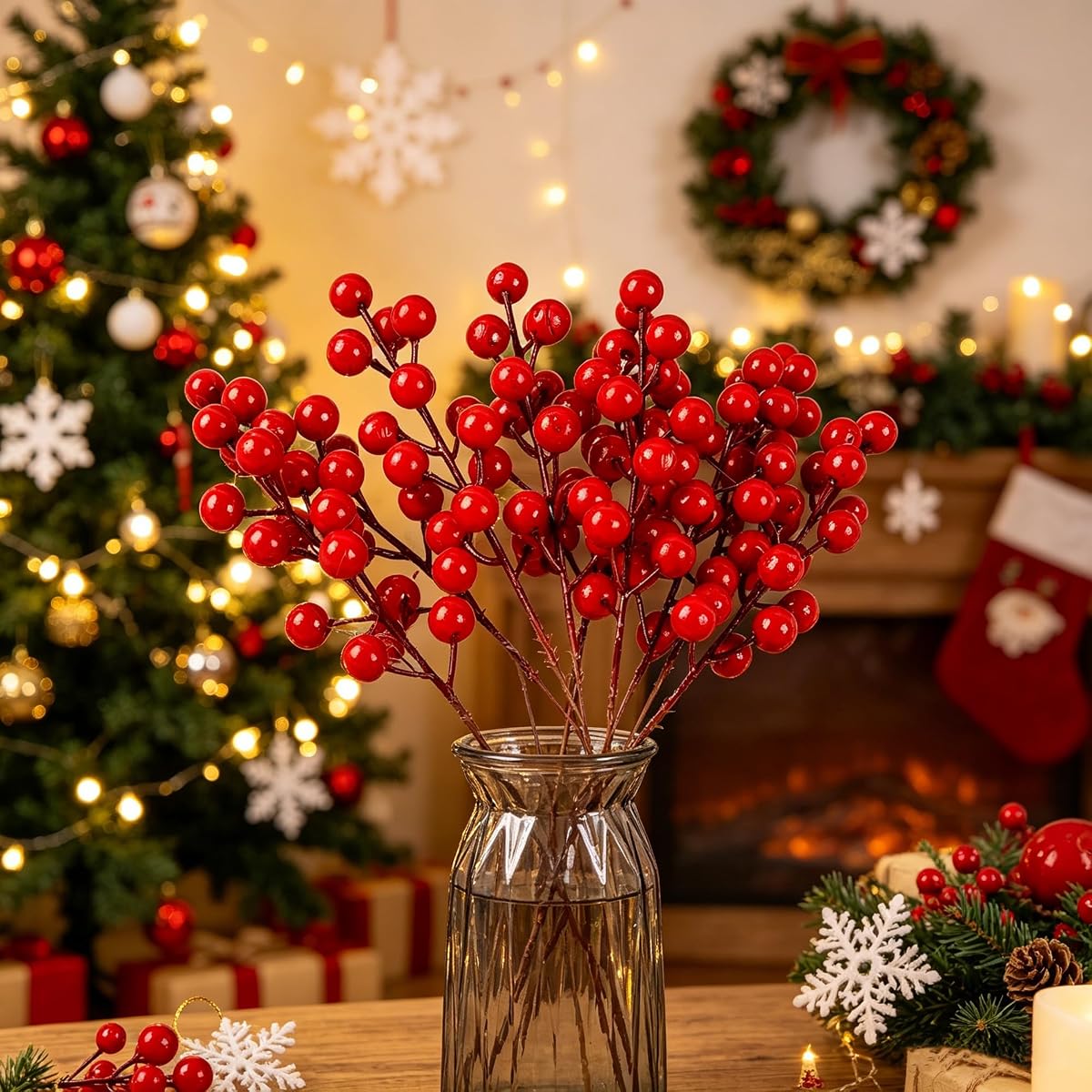 winemana 24 Pack 8 Inch Christmas Faux Picks Winter Berry Sprigs, Artificial Red Berries Stems Ornaments for Christmas Tree DIY Crafts Wreath Garland Decor - detail image 1