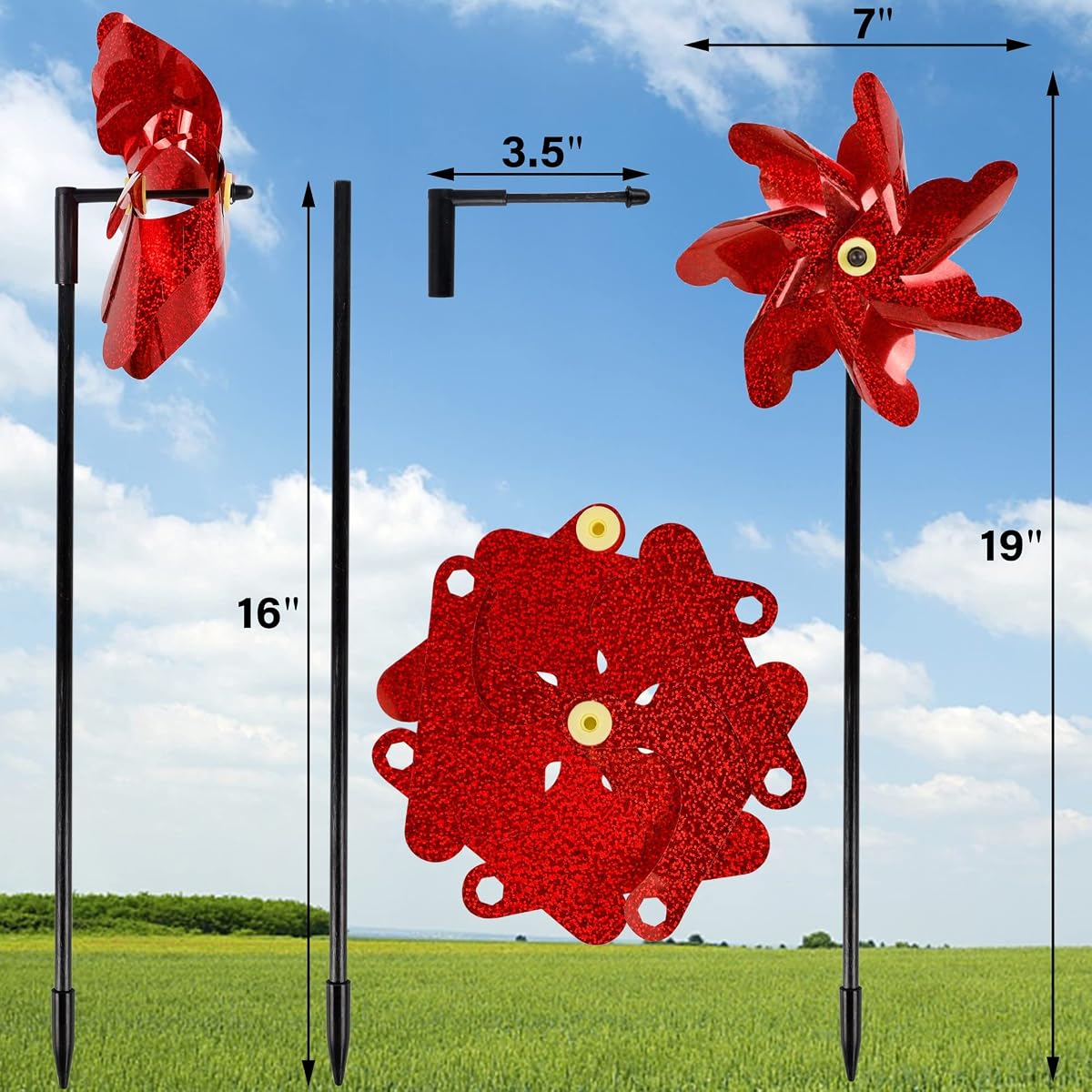 winemana 10 Pcs Reflective Pinwheels, 19 Inch Pinwheel with Garden Stakes Scare Birds for Garden Yard Lawn Farm Decor (Red) - imagem de detalhe 1