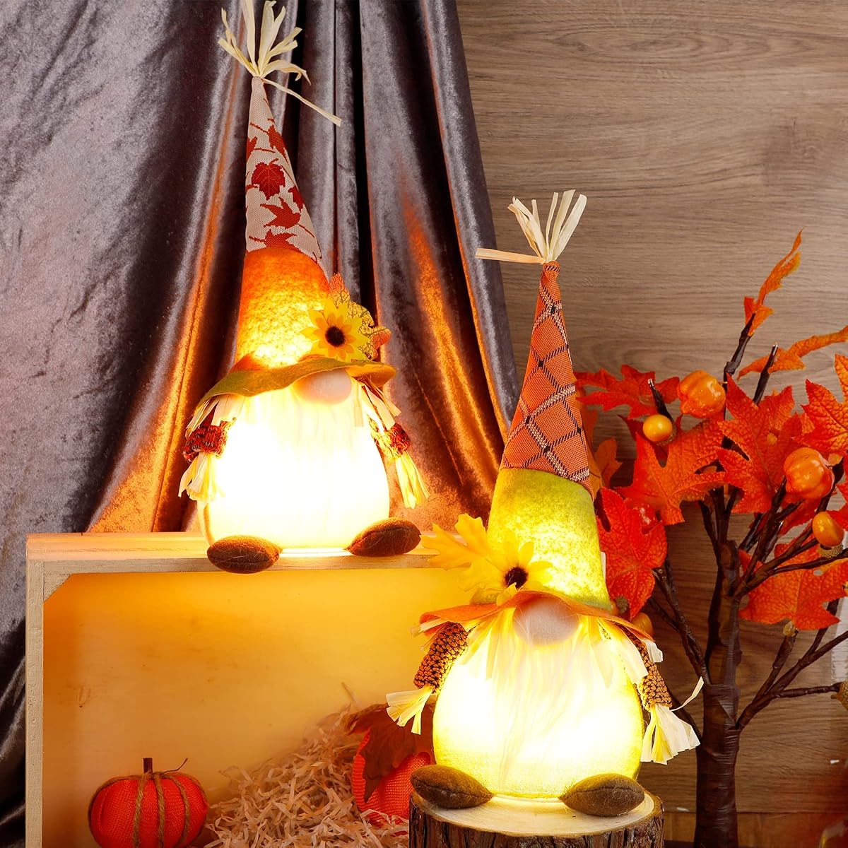 winemana Thanksgiving Decorations Set of 2 Gnomes with LED Lights, Swedish Tomte Gnomes Dwarf Tabletop Decor for Fall Harvest Home Kitchen Decor - detail image 5