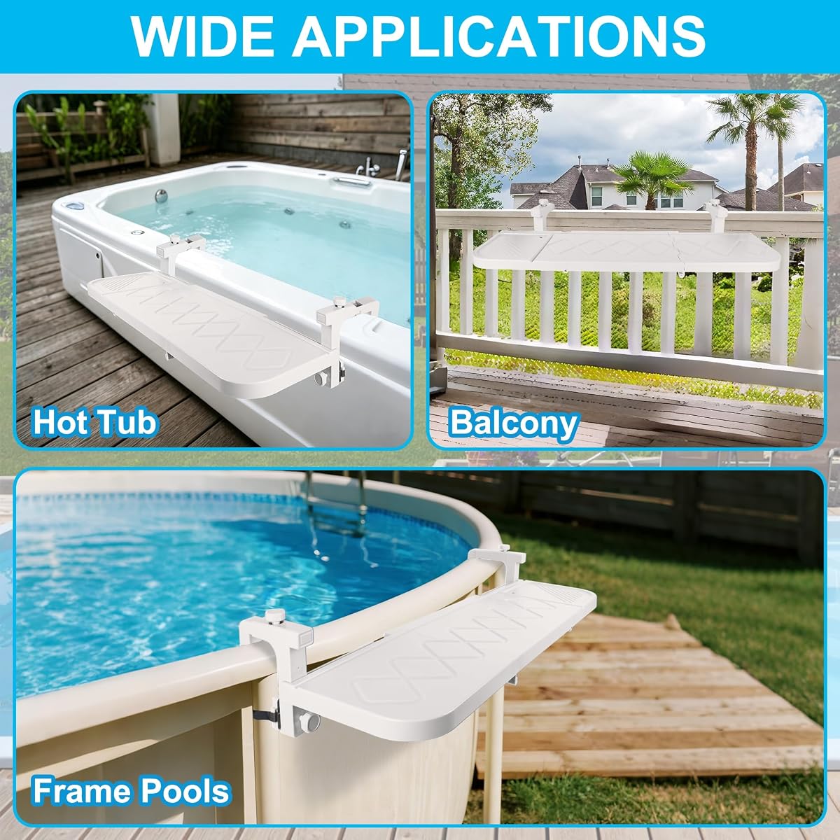 winemana Pool Bar for Above Ground Pool Swim Up Bar 38.4" x12" Adjustable Poolside Table Foldable Swimming Pool Shelf Fits Round Oval Rectangle Pools Clip-On Drink Table for Deck Patio, White - imagem de detalhe 1