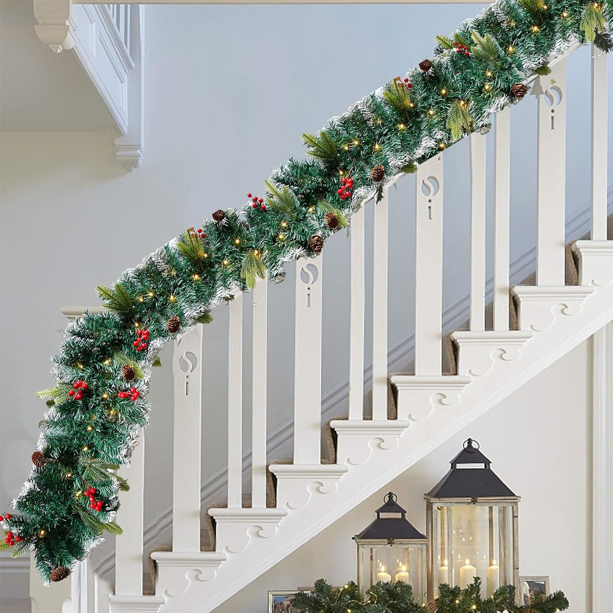 DR.DUDU 60 LED Christmas Garland,9 Foot Artificial Christmas Garland with Lights, Ind Covered by Snowflake for Christmas Party Decoration Outdoor Garden Gate Home Winter Holiday New Year - imagem de detalhe 6