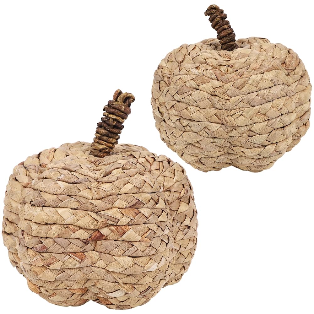 winemana 2 Pack Pumpkin Fall Decor, Woven Wicker Pumpkins for Home, Beige