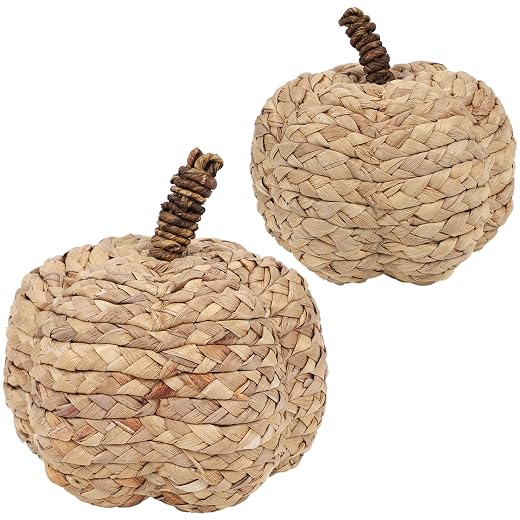 winemana 2 Pack Pumpkin Fall Decor, Woven Wicker Pumpkins for Home, Beige