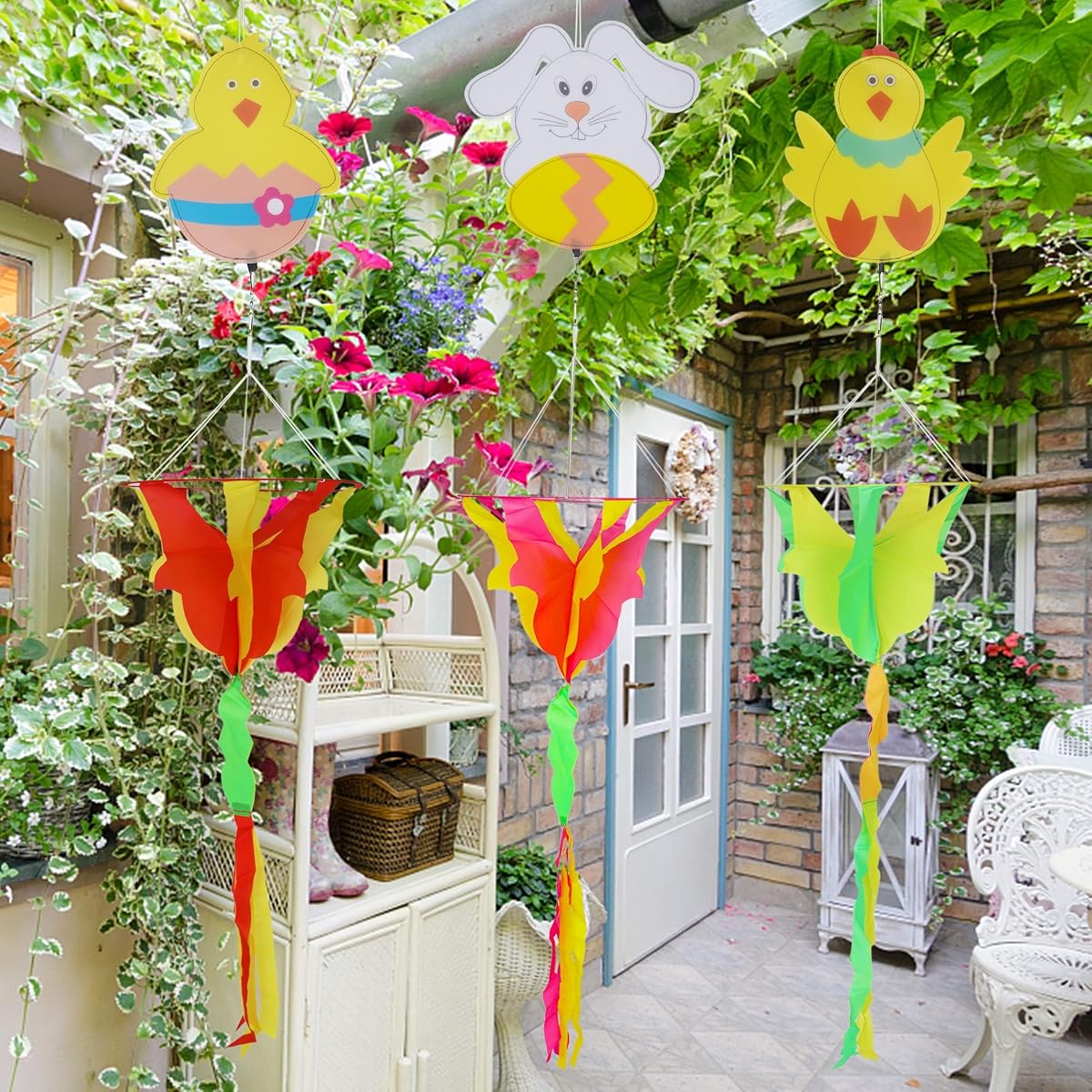 winemana 3.6 FT Spring Outdoor Decorations Wind Spinner, 6 Pcs Hanging Bunny Chick Wind Spiral, Windstock with Twister for Garden Yard Porch Lawn Spring Decor - imagen de detalle 5