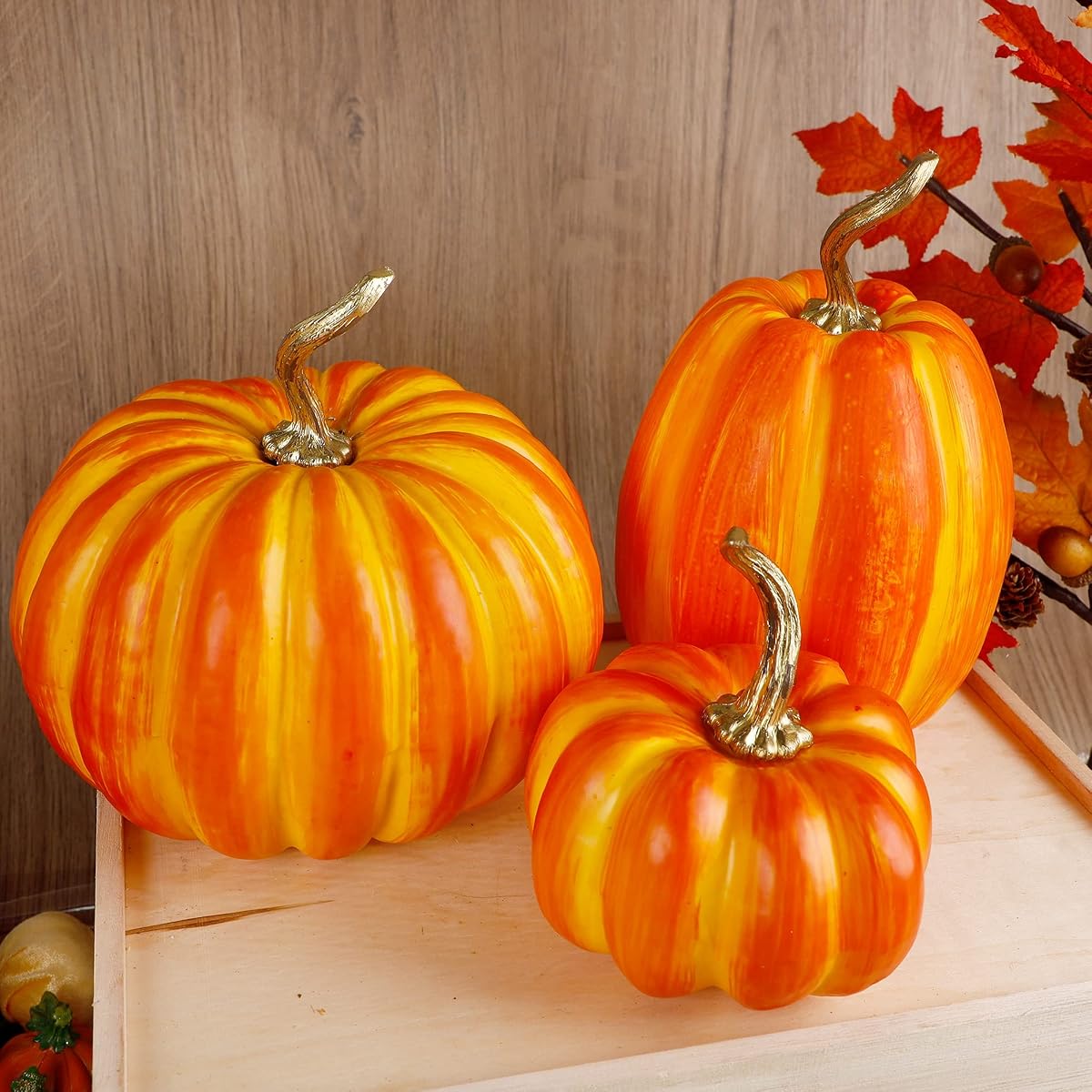 winemana 3 Pcs Thanksgiving Decorations Large Artificial Pumpkins, Orange Rustic Tabletop Centerpieces, Friendsgiving Decorations for Home Kitchen Table Fall Harvest Season - imagem de detalhe 6