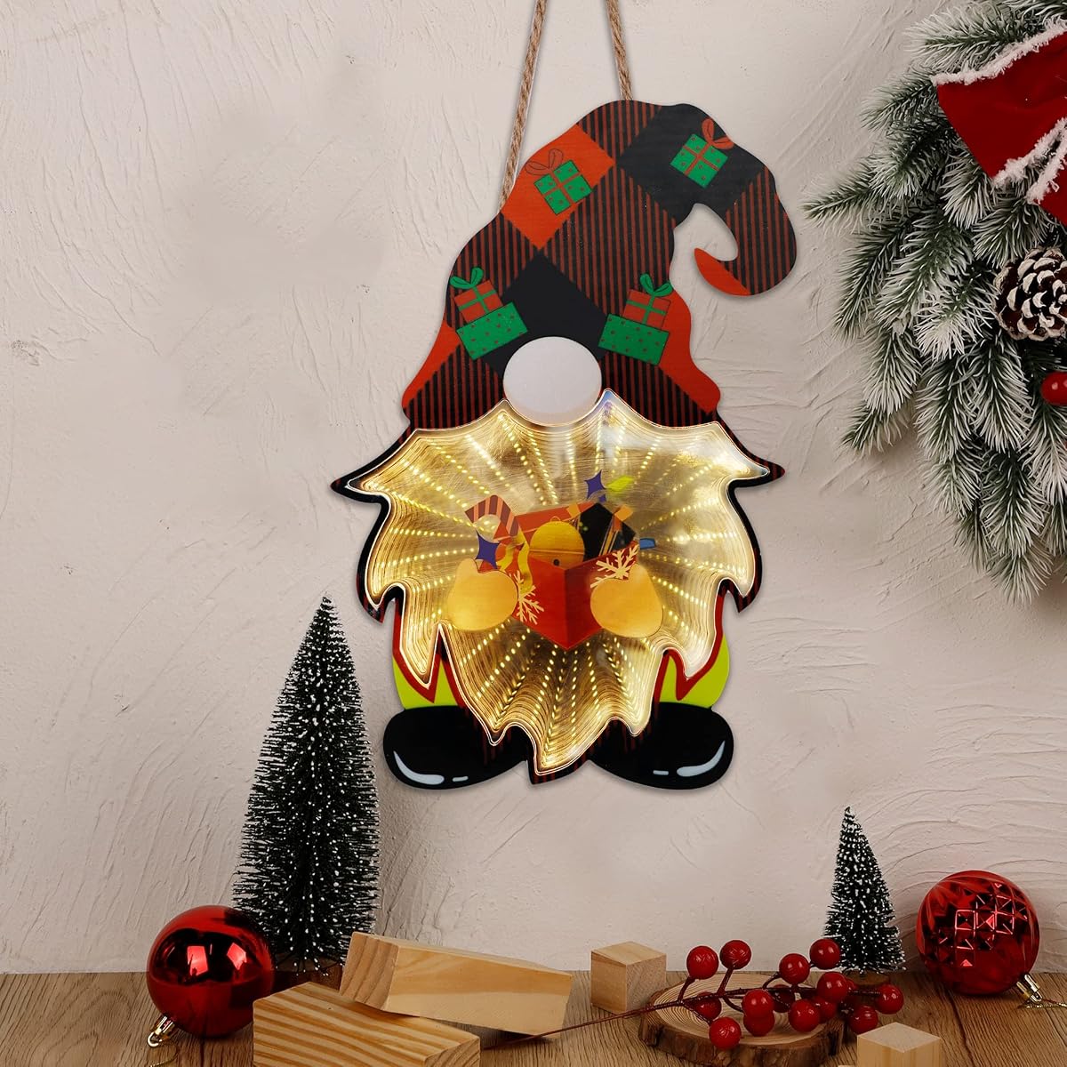 winemana Christmas Decorations Door Sign, 12" x 8" Santa Gnome with LED Lights, Xmas Hanging Sign with Infinity Mirror Tunnel Lights for Window Front Door Wall Indoor Outdoor Party - imagen de detalle 6