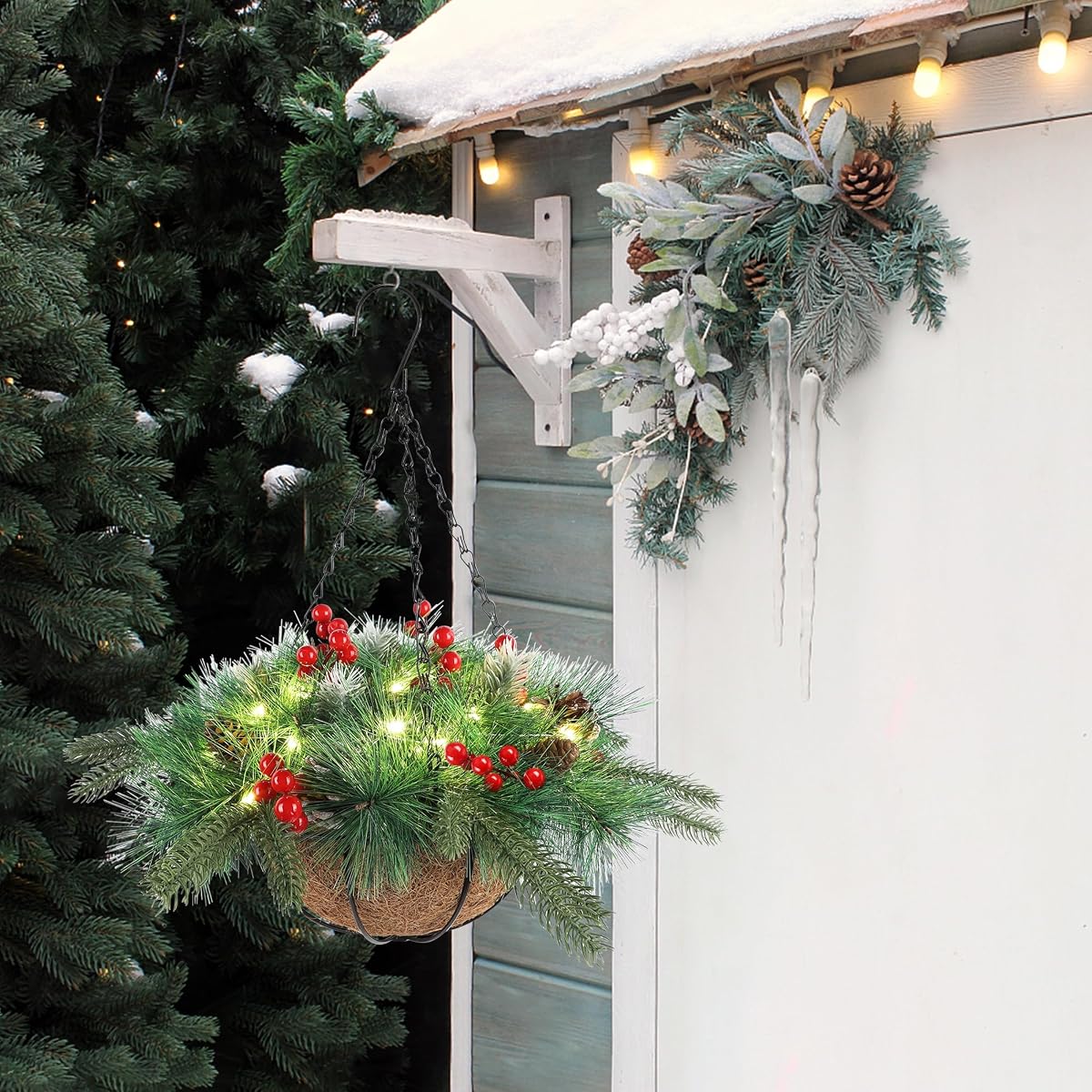winemana Pre-Lit Artificial Christmas Hanging Basket Outdoor Decoration with Pine Cones & Red Berry Clusters, Battery Powered with Timer Lighted Branches Faux Plants for Outside Porch Front Door - imagem de detalhe 5