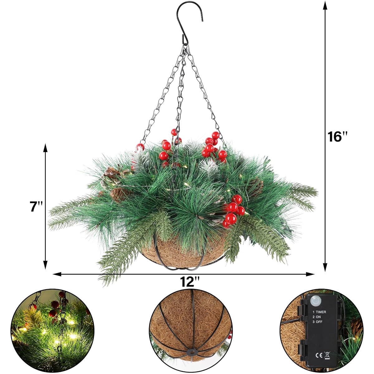 winemana Pre-Lit Artificial Christmas Hanging Basket Outdoor Decoration with Pine Cones & Red Berry Clusters, Battery Powered with Timer Lighted Branches Faux Plants for Outside Porch Front Door - imagem de detalhe 2