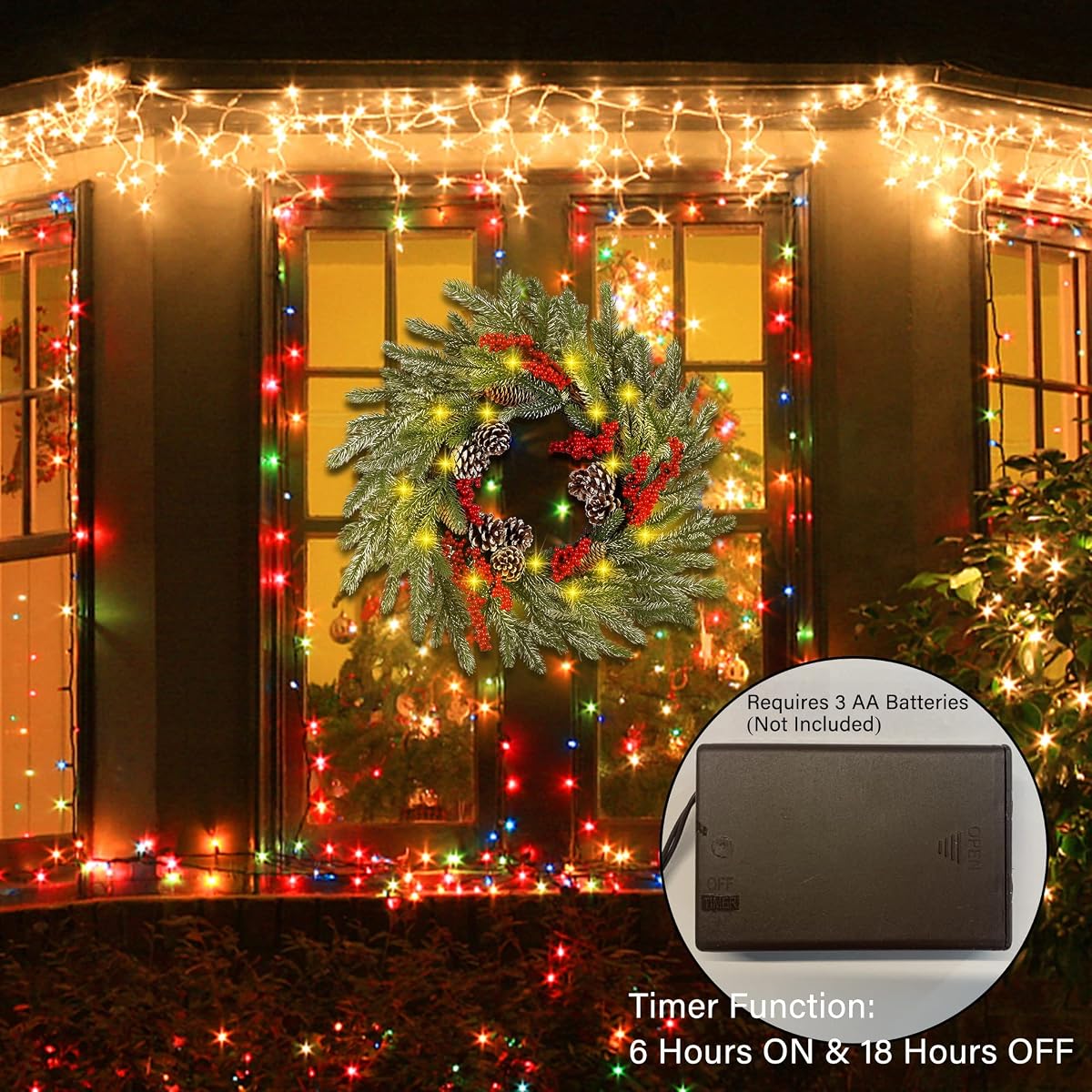 winemana 24 Inch Pre-Lit Christmas Wreath with Hanger, Timer, Pine Cone and Red Berries, Battery-Operated 20 LED Lighted Artificial Wreath Decoration for Front Door Mantel Xmas Party - imagem de detalhe 3