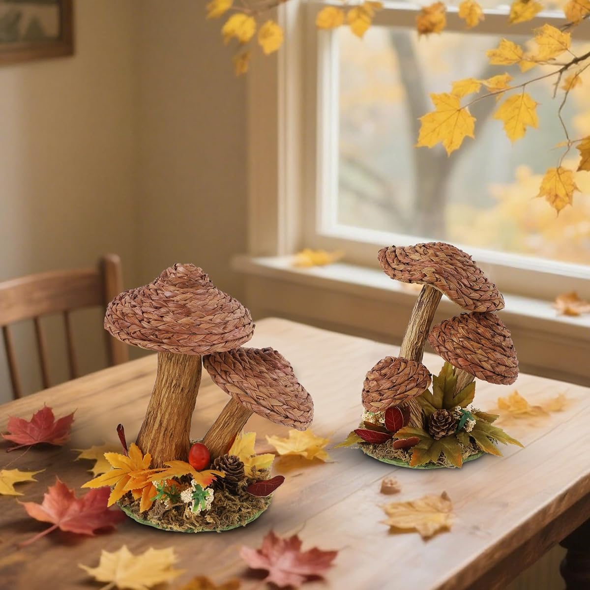 winemana 2 Pack Mushroom Fall Decor - Handmade Woven Mushrooms Figurines, Rustic Farmhouse Table Centerpieces for Thanksgiving, Autumn Home, Shelf & Kitchen Decor - imagen de detalle 4