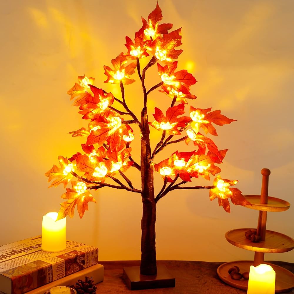 winemana 22 Inch Thanksgiving Artificial Maple Tree with Pumpkin LED Lights and Timer Harvest Autumn Fall Décor for Home Kitchen Table Centerpieces