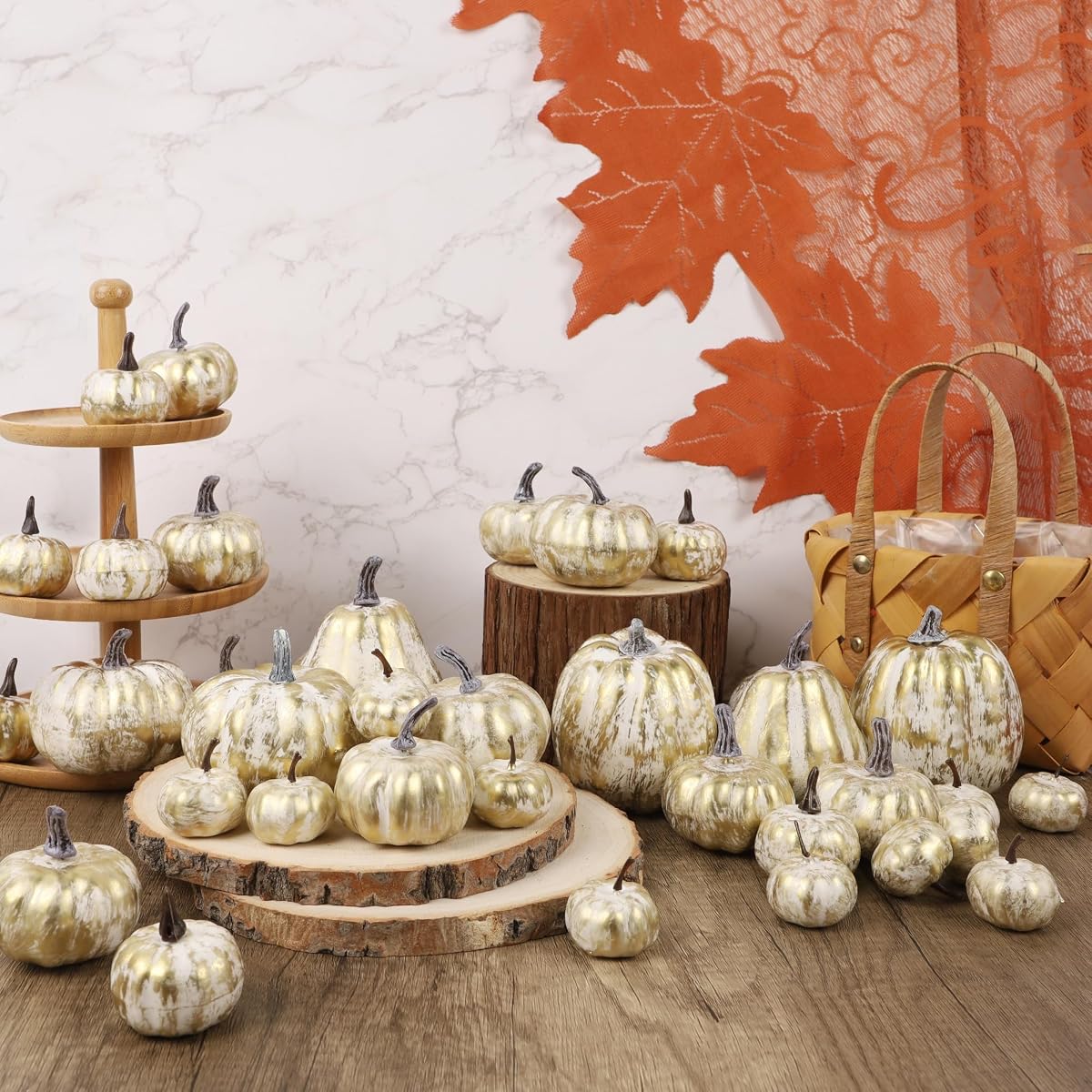 winemana 46 Pcs Artificial Gold Pumpkins Fall Decorations for Home - imagen de detalle 4