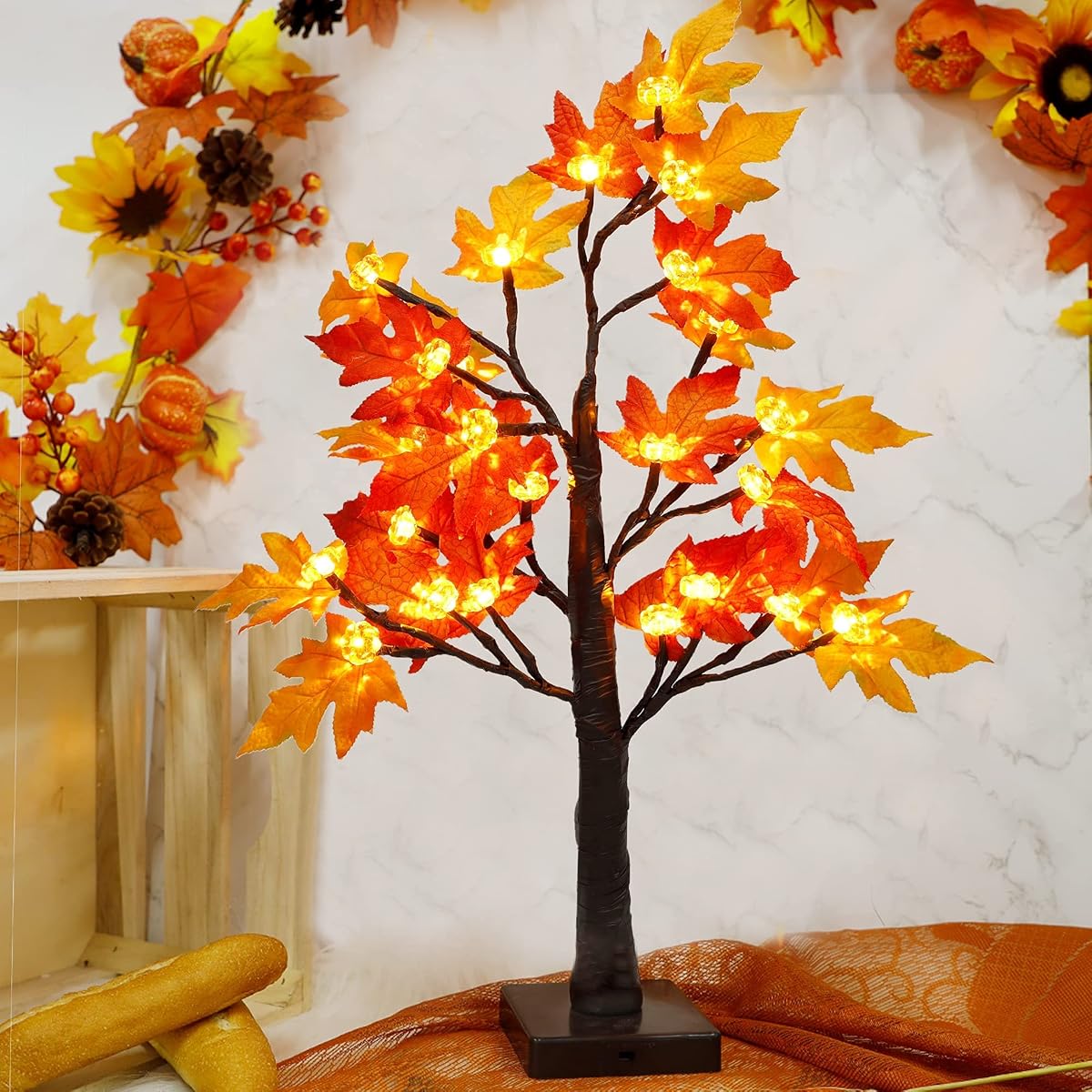 winemana 22 Inch Thanksgiving Artificial Maple Tree with Pumpkin LED Lights and Timer Harvest Autumn Fall Décor for Home Kitchen Table Centerpieces - imagen de detalle 5