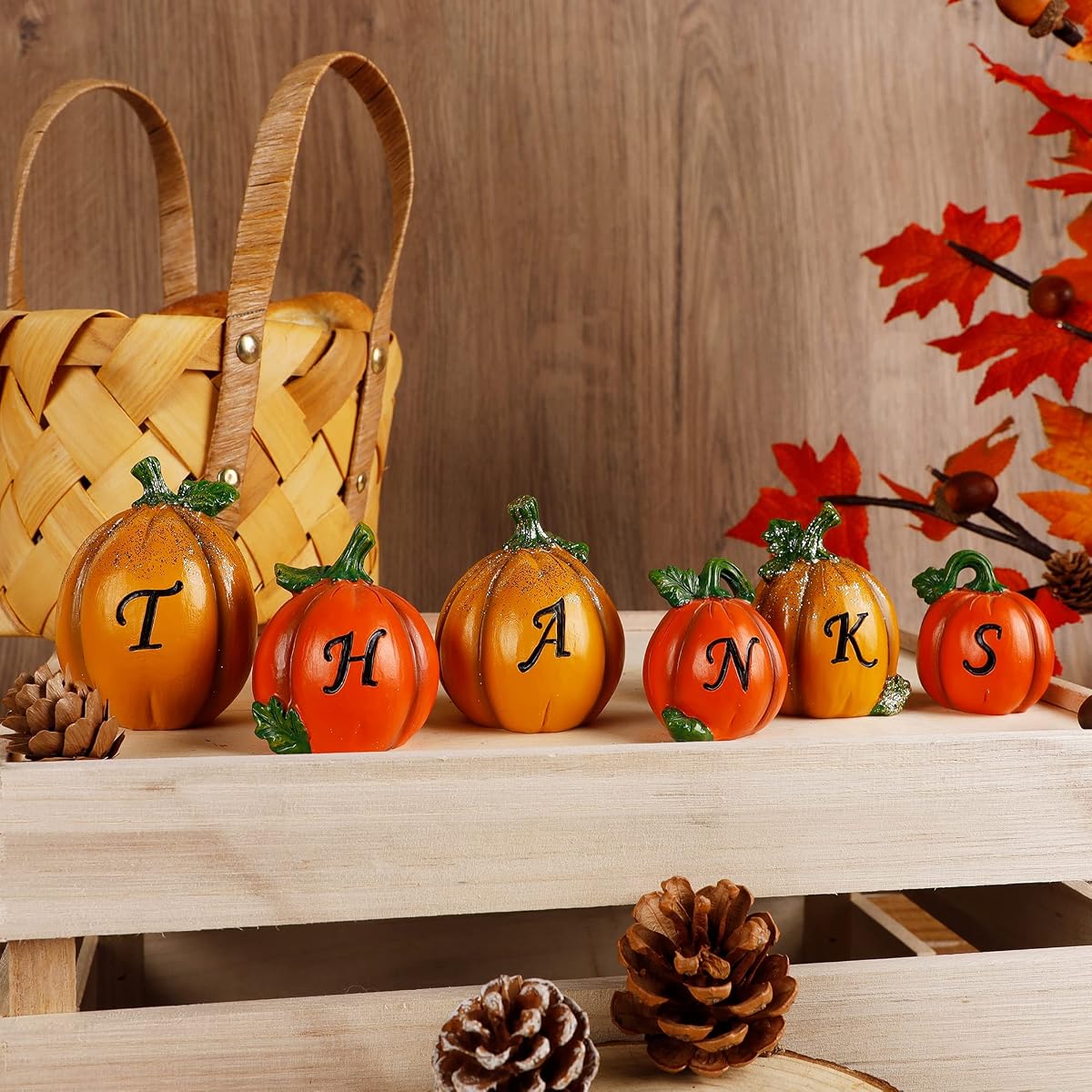 winemana Thanksgiving Pumpkins Set of 6, Fall Decor Resin Pumpkin, Thanks Tabletop Centerpieces Tiered Tray Decorations for Home Table Kitchen Office (Yellow) - 细节图 5