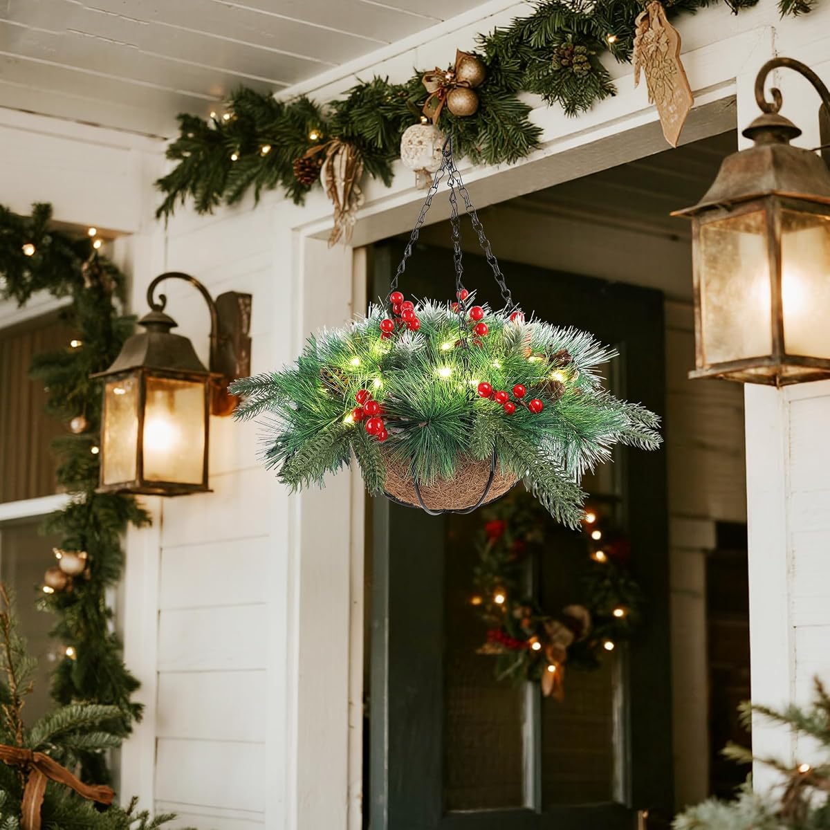 winemana Pre-Lit Artificial Christmas Hanging Basket Outdoor Decoration with Pine Cones & Red Berry Clusters, Battery Powered with Timer Lighted Branches Faux Plants for Outside Porch Front Door - imagem de detalhe 1
