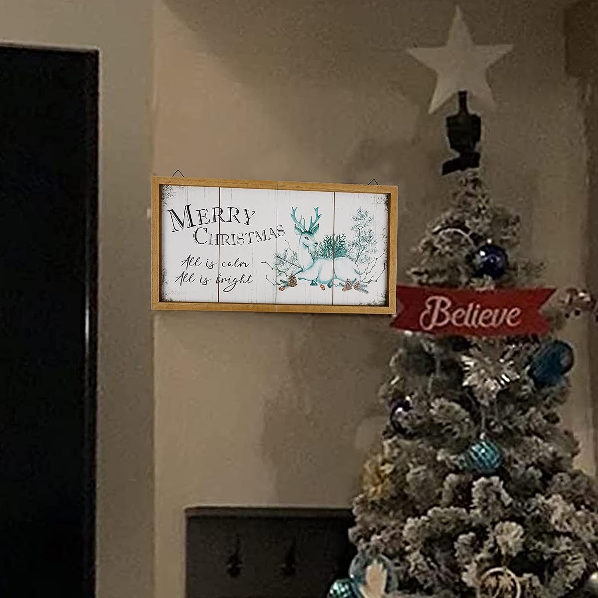 winemana Merry Christmas Wooden Sign Wall Decor, 20" x 10.4" Foldable Hanging Decorative Sign Christmas Decorations, Reindeer Wall Art for Home Kitchen Living Room Fireplace Indoor Holiday Decor - imagem de detalhe 5