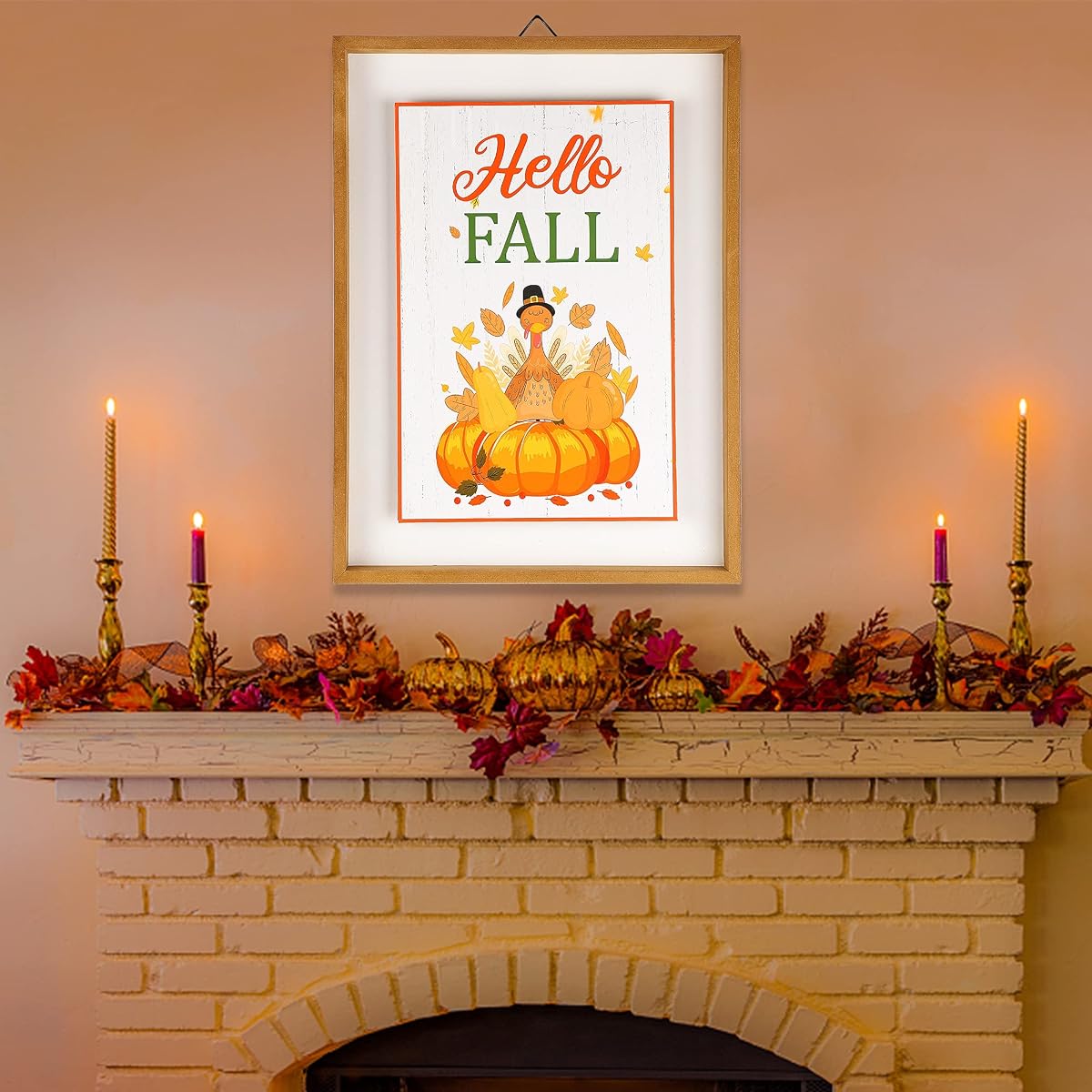 winemana Fall Wall Decor, Thanksgiving Decoration Hello Fall Sign, 15.4" x 11.4" Farmhouse Rustic Turkey Pumpkin Wooden Sign, Perfect for Porch Home Autumn Harvest Decor - imagem de detalhe 5