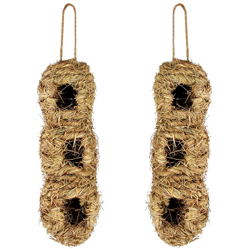 winemana Hand Woven Hummingbird House, Set of 2 Bird Hut 12" x 4", Outside Grass Hanging Bird Hut, Hanging Hummingbird Houses with 3 Holes