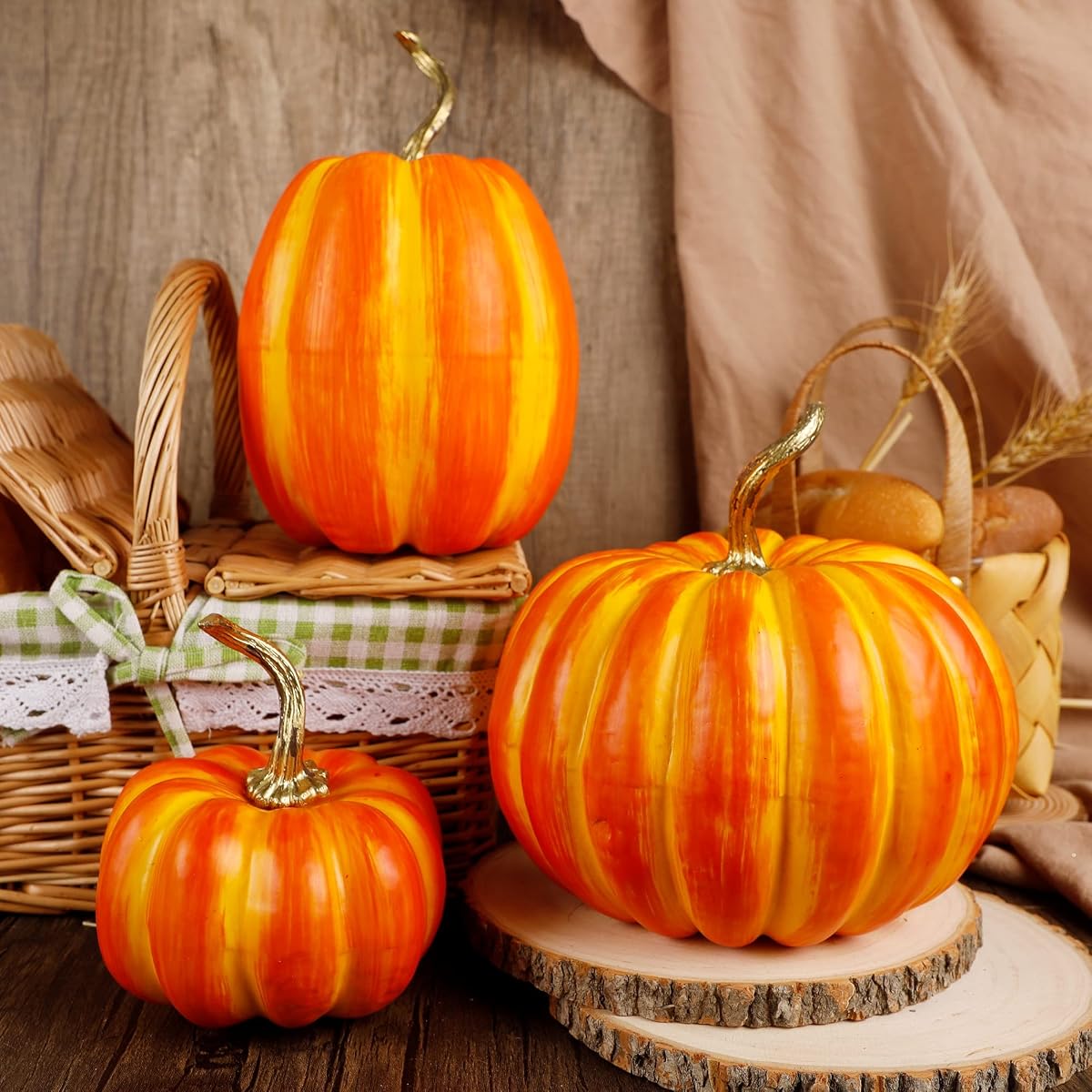 winemana 3 Pcs Thanksgiving Decorations Large Artificial Pumpkins, Orange Rustic Tabletop Centerpieces, Friendsgiving Decorations for Home Kitchen Table Fall Harvest Season - imagem de detalhe 4