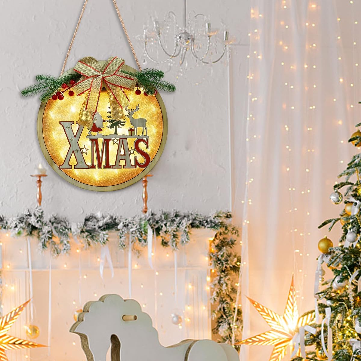 winemana Merry Christmas Hanging Sign, 12" x 12" Lighted Wooden Sign Wreath Xmas Decor, Christmas Decorations Rustic Sign for Front Door Wall Fireplace Indoor Outdoor - imagen de detalle 6