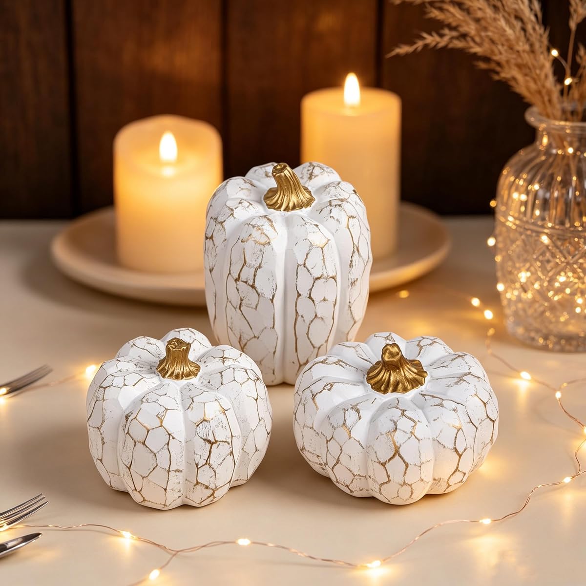 winemana Set of 3 White Pumpkins Fall Decorations for Home - imagen de detalle 4