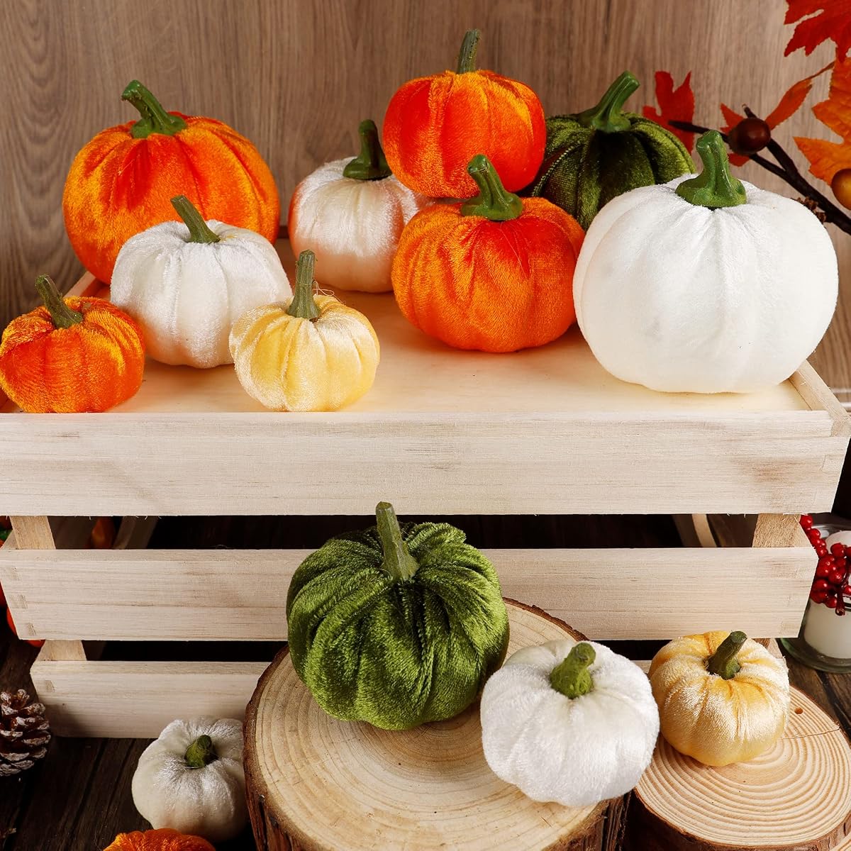 winemana Thanksgiving Artificial Pumpkins Set of 15 Mini Faux Pumpkin Velvet Assorted Sizes Fall Harvest Décor for Home Indoor Table Photo Props - detail image 5