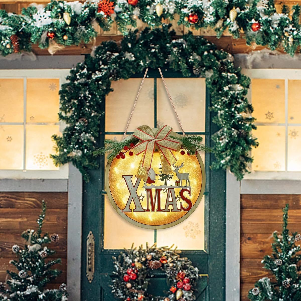 winemana Merry Christmas Hanging Sign, 12" x 12" Lighted Wooden Sign Wreath Xmas Decor, Christmas Decorations Rustic Sign for Front Door Wall Fireplace Indoor Outdoor - imagen de detalle 5