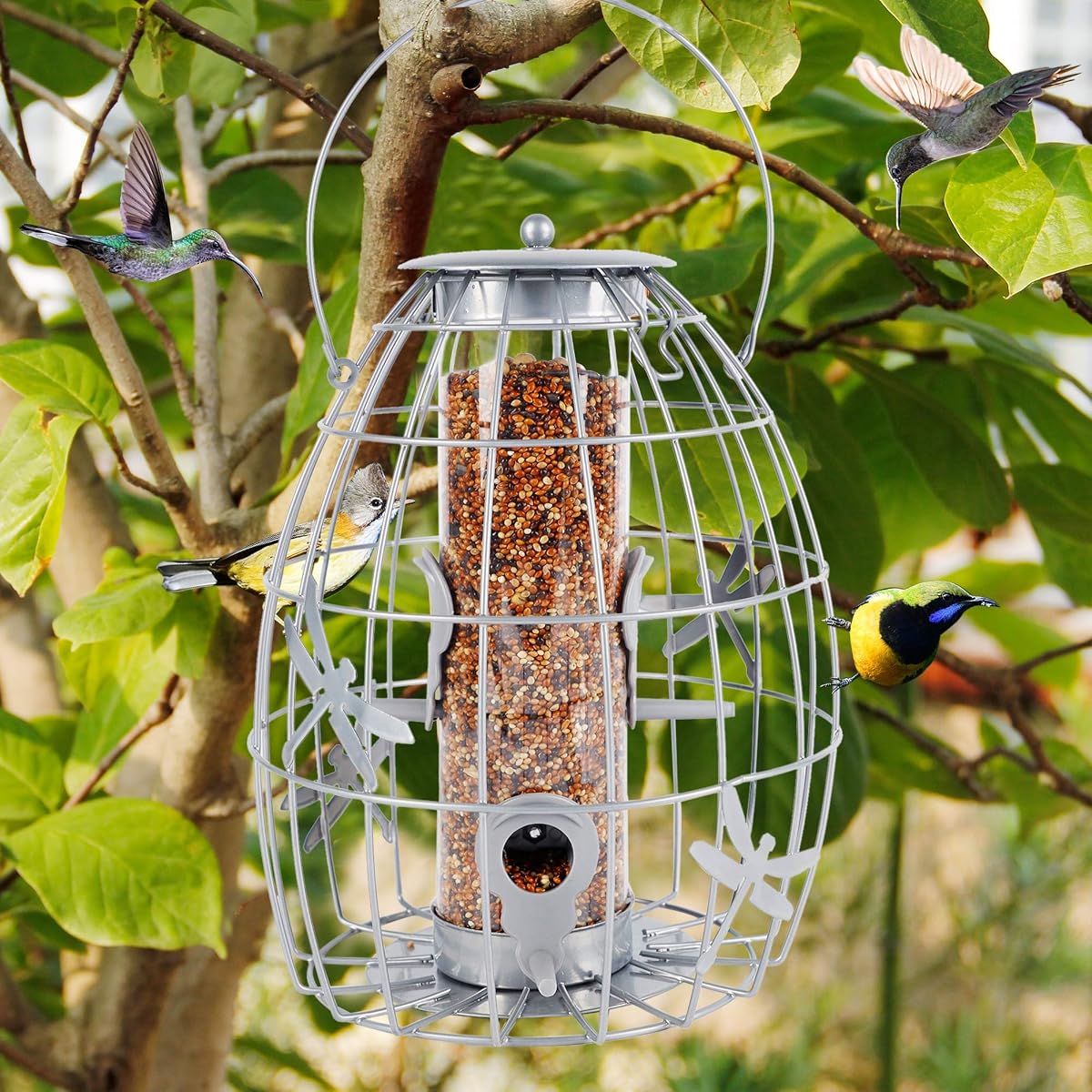 winemana Outdoor Hanging Wild Bird Feeder, Caged Tube Bird Feeder Outside, Can Be Filled with Seeds, Squirrel Proof with Large Metal Guard Cage for Small Birds Brome Finch Hummingbird, Silver - imagem de detalhe 6