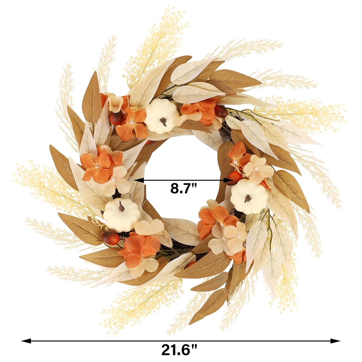 winemana Fall Wreath Decor Wreaths for Front Door Thanksgiving Indoor Decorations, 21.6 Inch Autumn Wreath with White Pumpkin for Table Home Outdoor Farmhouse Harvest Decor - imagem de detalhe 2