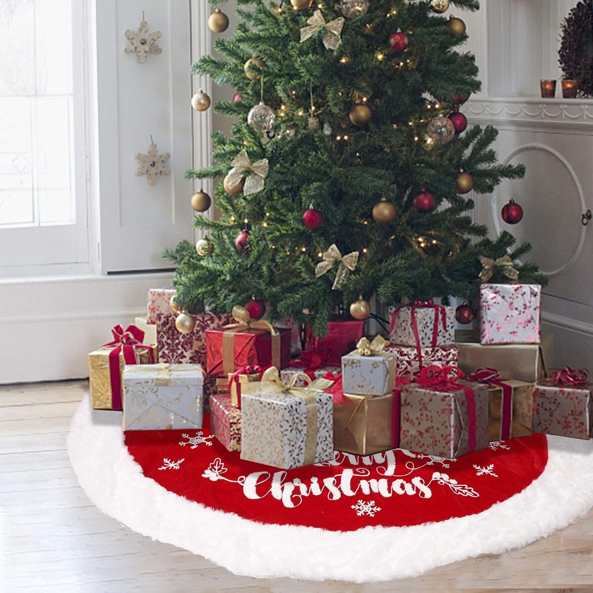 DR.DUDU 48 Inch Christmas Tree Plush Skirt Decoration for Merry Christmas Party Faux Fur Christmas Tree Skirt Decorations (Red 2) - imagen de detalle 2