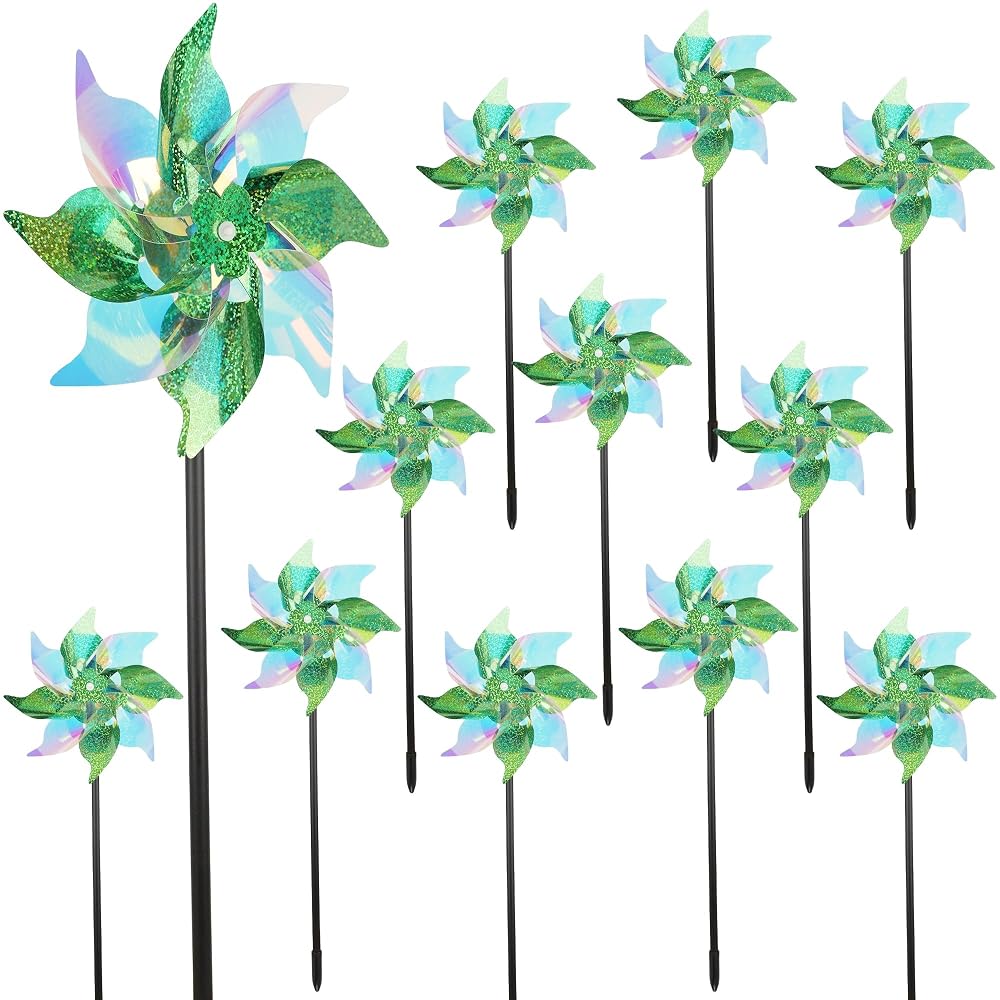 winemana 12 Pcs Reflective Pinwheels Outdoor, Wind Spinners for Yard & Garden, Sparkly Bird Repellent Windmill Scare Birds Away, Deterrent Devices for Outside Patio Lawn Spring Decor (Green)