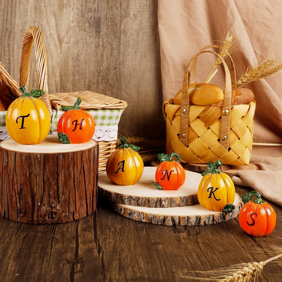 winemana Thanksgiving Pumpkins Set of 6, Fall Decor Resin Pumpkin, Thanks Tabletop Centerpieces Tiered Tray Decorations for Home Table Kitchen Office (Yellow) - 细节图 6