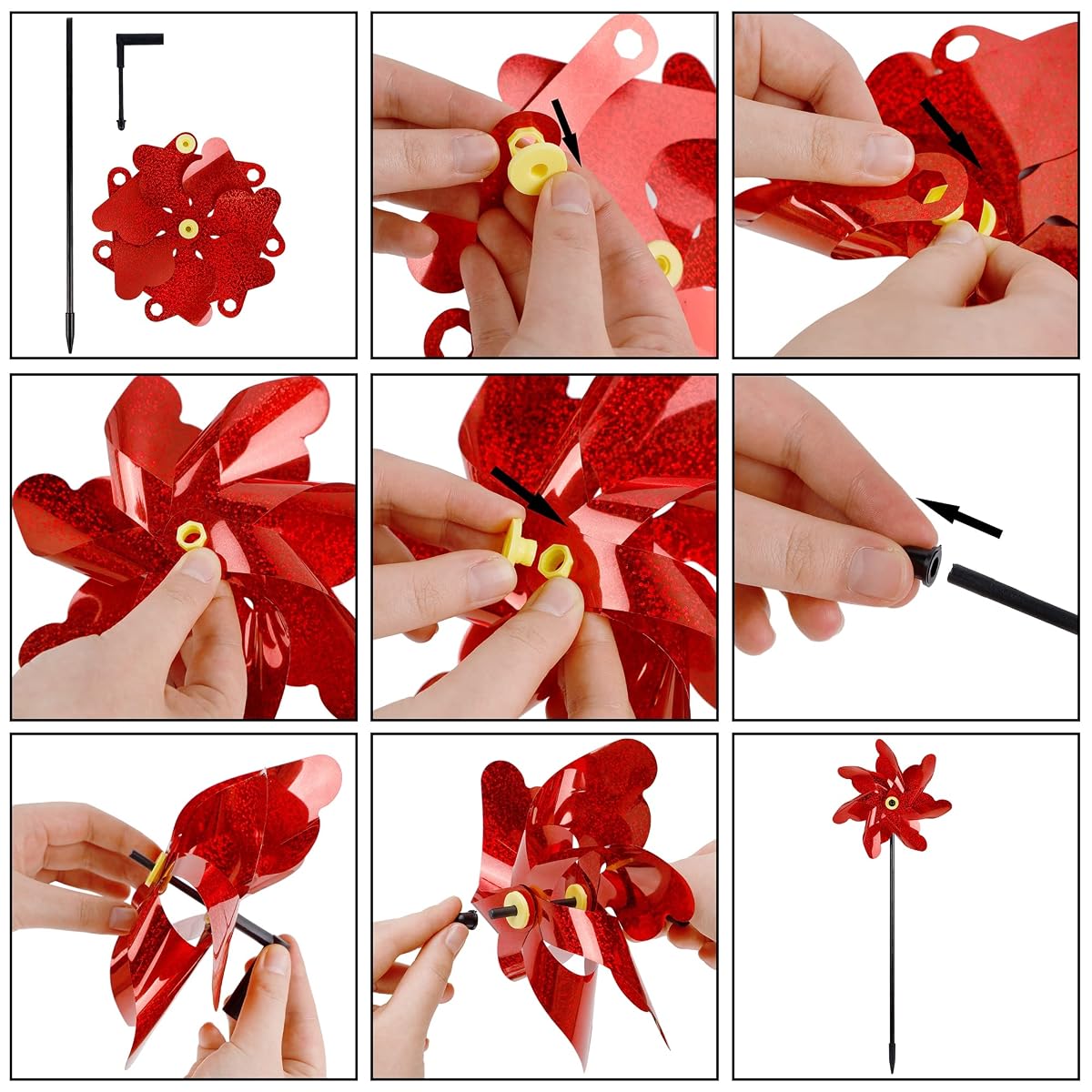 winemana 10 Pcs Reflective Pinwheels, 19 Inch Pinwheel with Garden Stakes Scare Birds for Garden Yard Lawn Farm Decor (Red) - imagem de detalhe 3