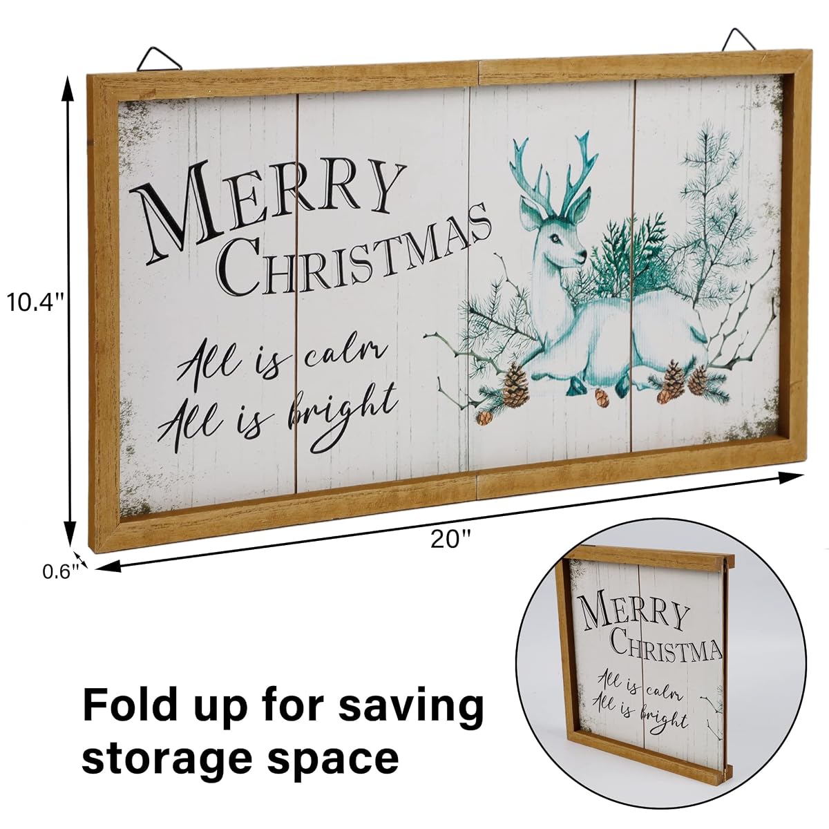 winemana Merry Christmas Wooden Sign Wall Decor, 20" x 10.4" Foldable Hanging Decorative Sign Christmas Decorations, Reindeer Wall Art for Home Kitchen Living Room Fireplace Indoor Holiday Decor - imagem de detalhe 1