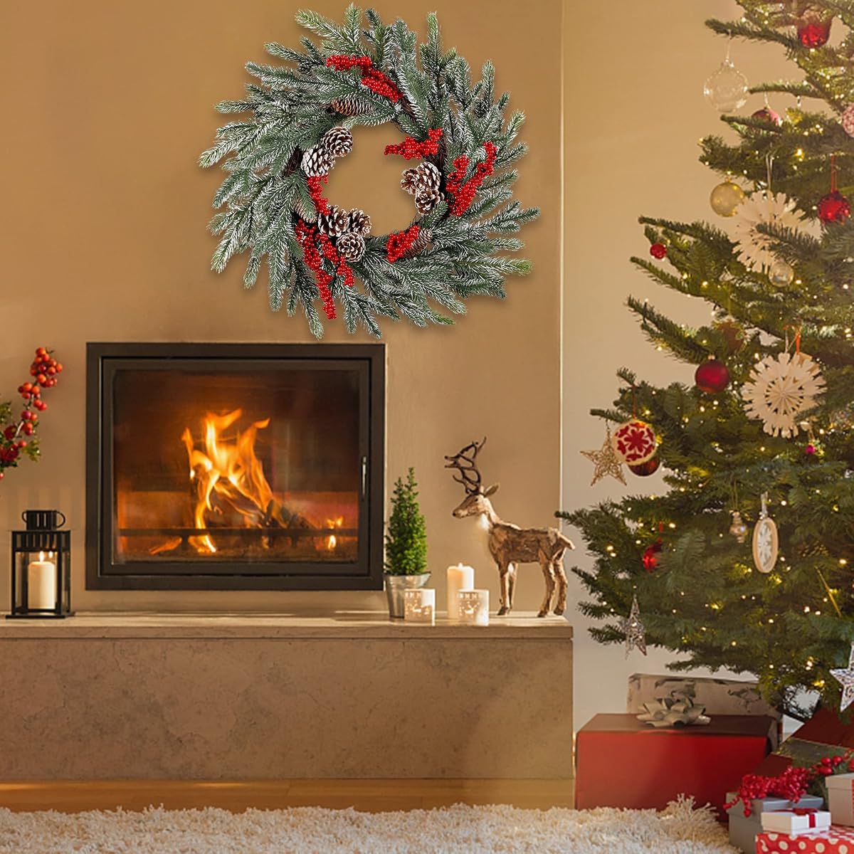 winemana 24 Inch Pre-Lit Christmas Wreath with Hanger, Timer, Pine Cone and Red Berries, Battery-Operated 20 LED Lighted Artificial Wreath Decoration for Front Door Mantel Xmas Party - imagem de detalhe 5