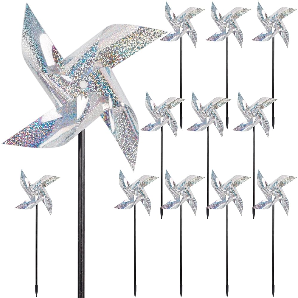 winemana 12 Pcs Reflective Pinwheels, 19 Inch Pinwheel with Stakes, Keep Birds Away Scare Bird Pinwheels for Garden Lawn Yard Backyard Farm Decor (Silvery)