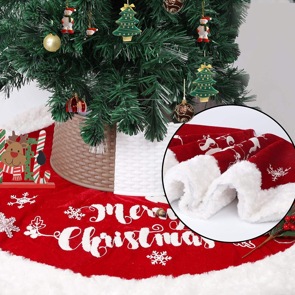 DR.DUDU 48 Inch Christmas Tree Plush Skirt Decoration for Merry Christmas Party Faux Fur Christmas Tree Skirt Decorations (Red 2)