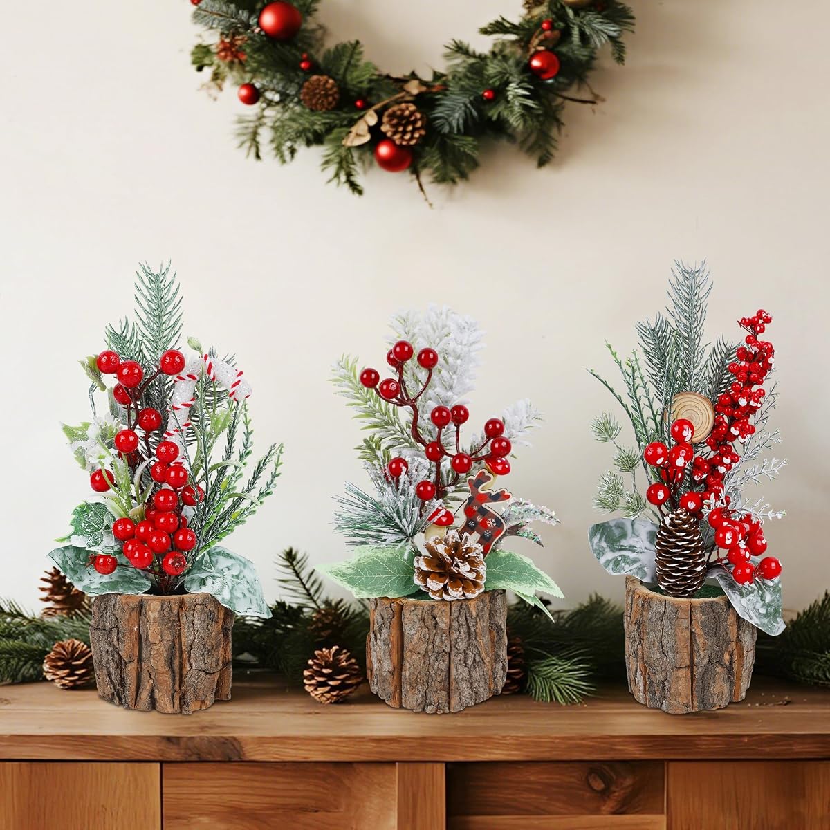winemana 3 Pack Mini Christmas Trees Table Decorations, 11.5 Inch Small Artificial Xmas Tree Centerpieces with Red Berries & Pine Cones for Home, Office, Tabletop, Indoor Holiday Party Decor - detail image 3