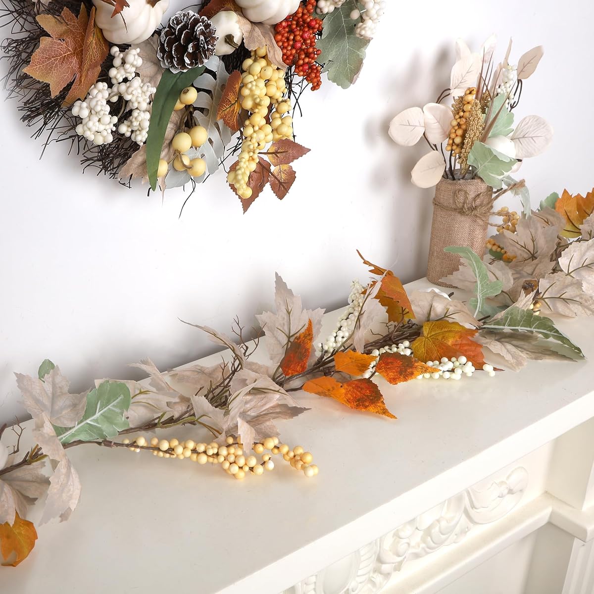 winemana Fall Garland Decor, Maple Leaves Garlands Decorations for Home with Pumpkins, 6FT Autumn Thanksgiving Decoration for Indoor Outdoor Mantel Fireplace Farmhouse Porch Table - imagem de detalhe 5