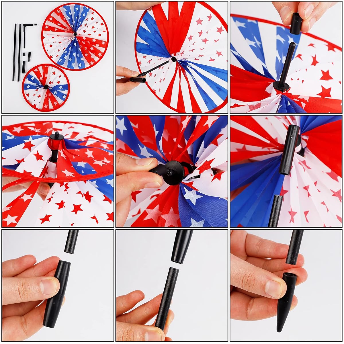 winemana 3 Pack Patriotic Pinwheel for Independence Day, 4th of July Decor Double Spinner Wheel, American Flag Red White Blue Star Décor Outdoor Yard Patio Garden Lawn (12" x 29") - imagen de detalle 2