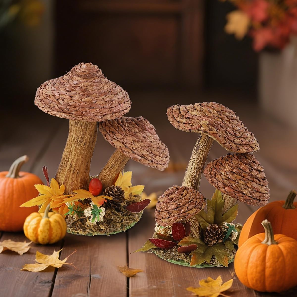 winemana 2 Pack Mushroom Fall Decor - Handmade Woven Mushrooms Figurines, Rustic Farmhouse Table Centerpieces for Thanksgiving, Autumn Home, Shelf & Kitchen Decor - imagen de detalle 5
