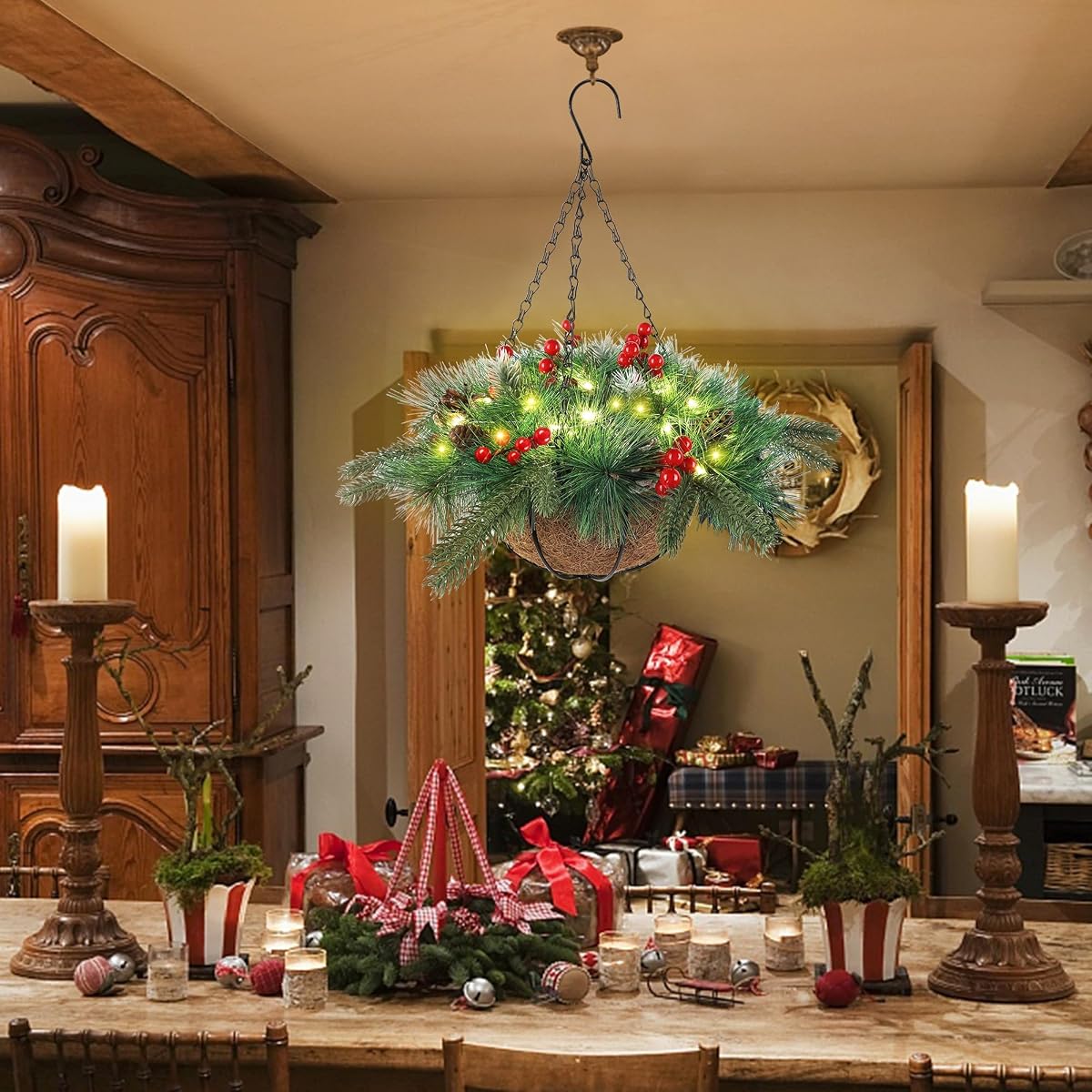 winemana Pre-Lit Artificial Christmas Hanging Basket Outdoor Decoration with Pine Cones & Red Berry Clusters, Battery Powered with Timer Lighted Branches Faux Plants for Outside Porch Front Door - imagem de detalhe 6