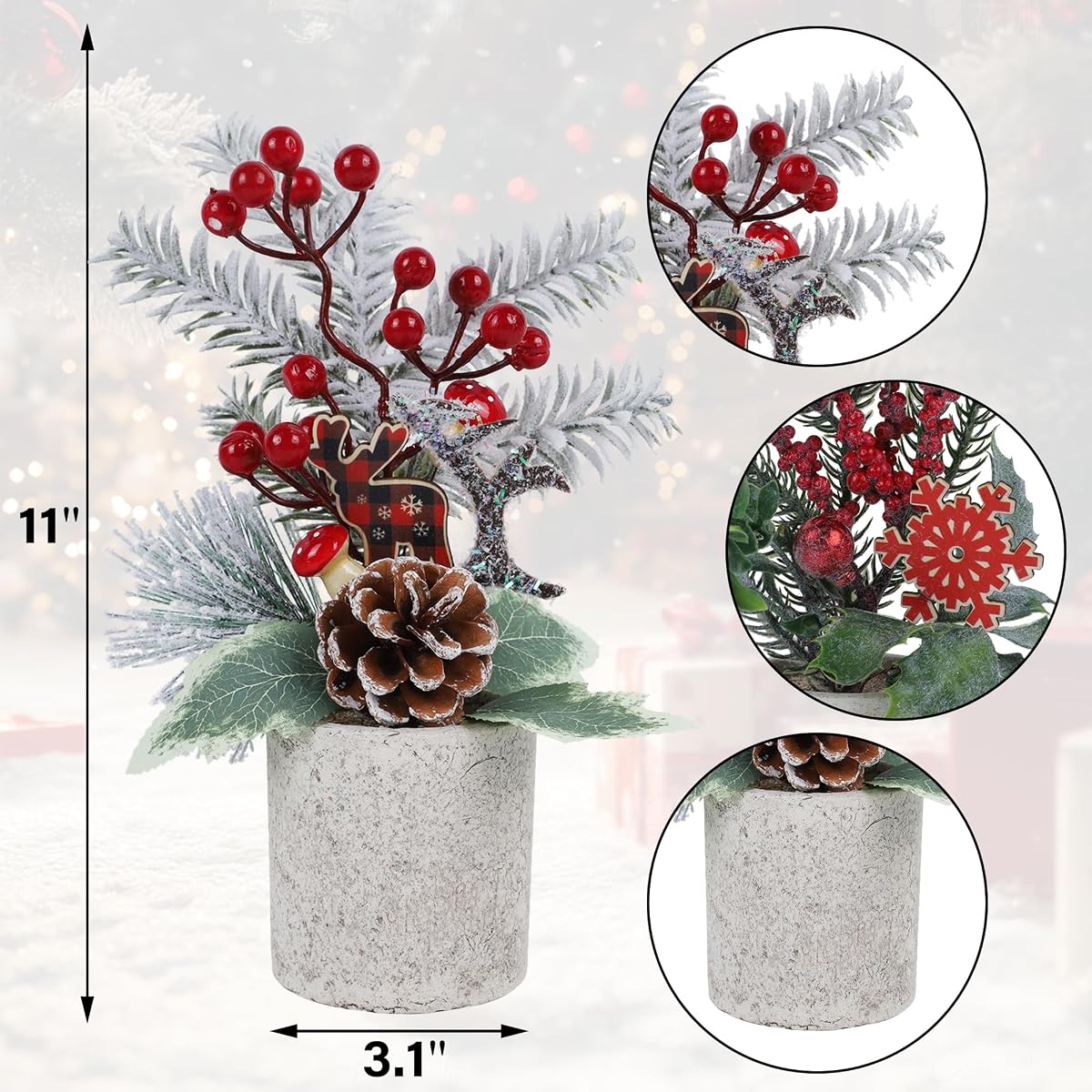 winemana 3 Pack Mini Christmas Trees for Table Centerpieces, 11 Inch Small Artificial Xmas Tree with Red Berries & Pine Cones for Home, Office Desk, Tabletop, Indoor Holiday Decorations - detail image 2