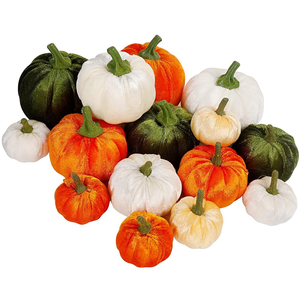 winemana Thanksgiving Artificial Pumpkins Set of 15 Mini Faux Pumpkin Velvet Assorted Sizes Fall Harvest Décor for Home Indoor Table Photo Props
