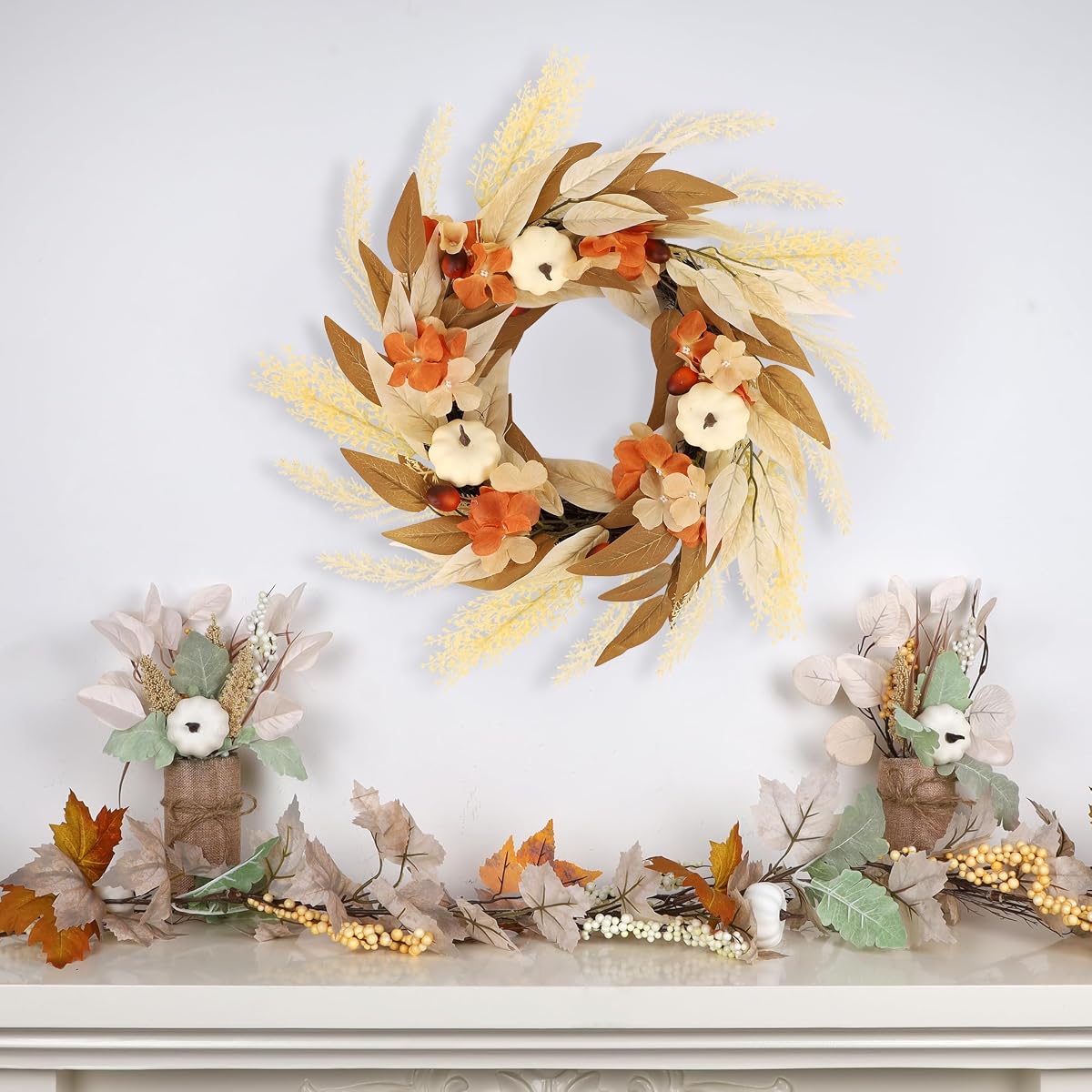 winemana Fall Wreath Decor Wreaths for Front Door Thanksgiving Indoor Decorations, 21.6 Inch Autumn Wreath with White Pumpkin for Table Home Outdoor Farmhouse Harvest Decor - imagem de detalhe 5