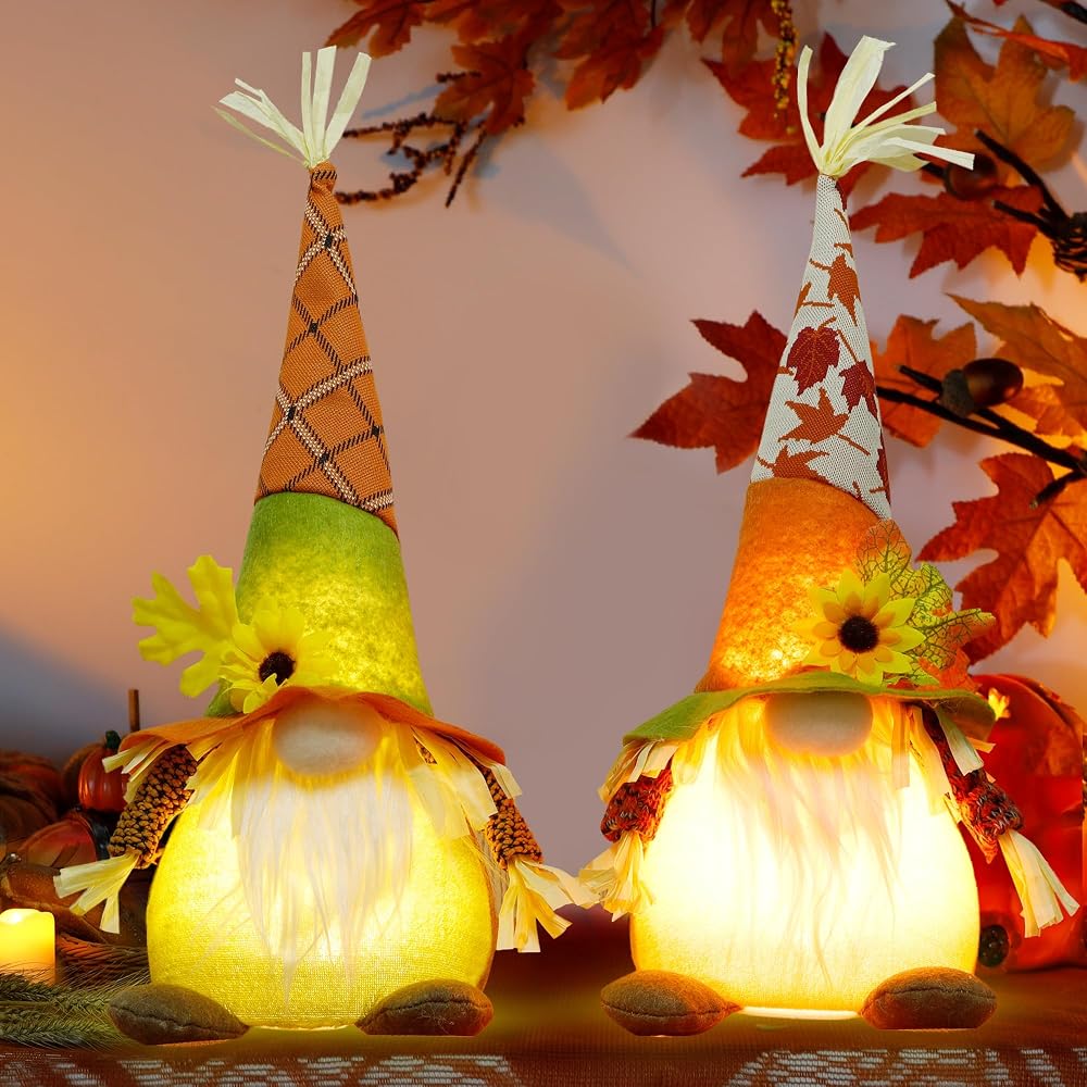 winemana Thanksgiving Decorations Set of 2 Gnomes with LED Lights, Swedish Tomte Gnomes Dwarf Tabletop Decor for Fall Harvest Home Kitchen Decor