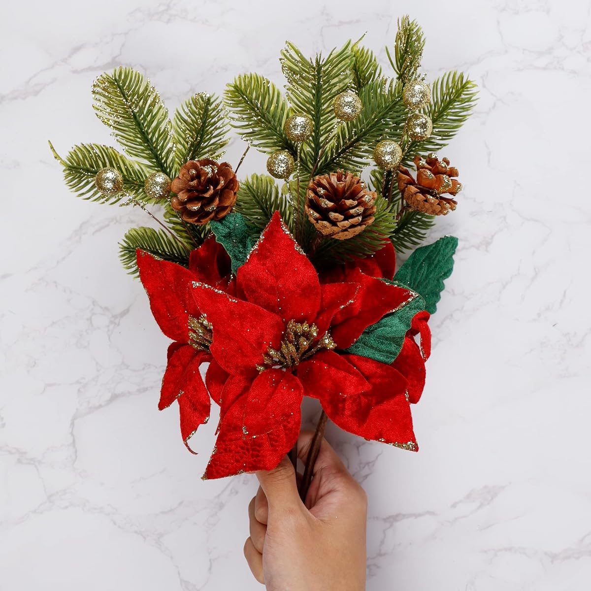 winemana 6 Pack 13.8'' Christmas Elegant Faux Evergreen Sprigs + Gold Globe & Red Flower Ornaments + Pine Cone + Green Poinsettia Leaf + Flowers in Clever Pine Cone Shape - 细节图 6