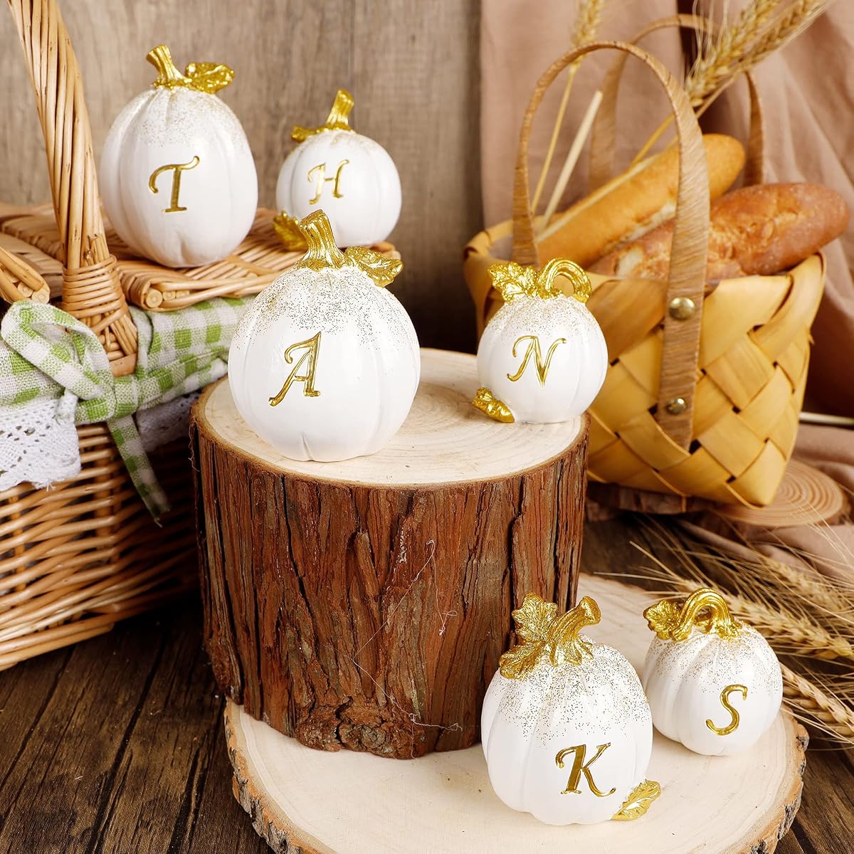winemana Thanksgiving Pumpkins Set of 6, Fall Decor Resin Pumpkin, Thanks Tabletop Centerpieces Tiered Tray Decorations for Home Table Kitchen Office (White) - imagem de detalhe 4