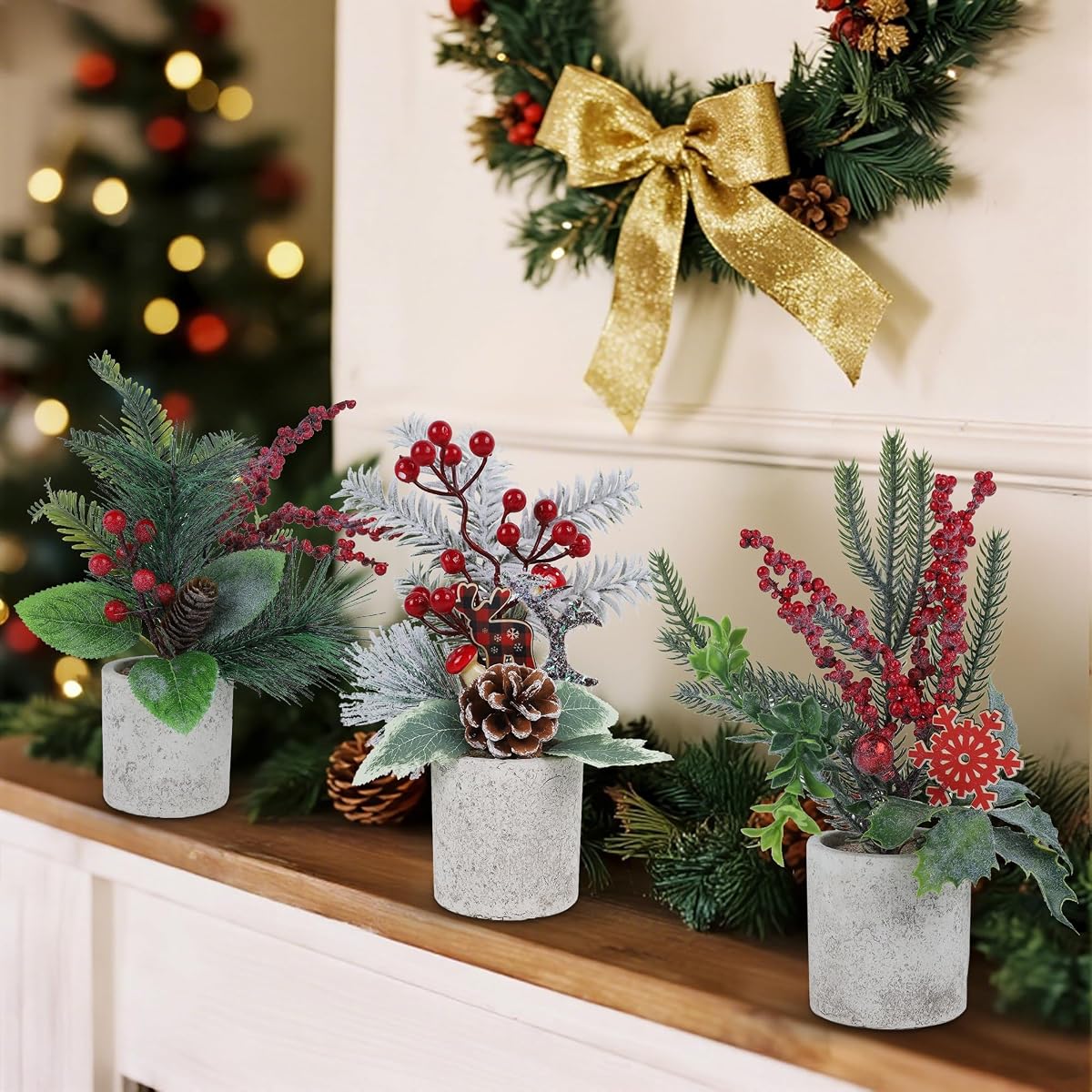 winemana 3 Pack Mini Christmas Trees for Table Centerpieces, 11 Inch Small Artificial Xmas Tree with Red Berries & Pine Cones for Home, Office Desk, Tabletop, Indoor Holiday Decorations - detail image 4